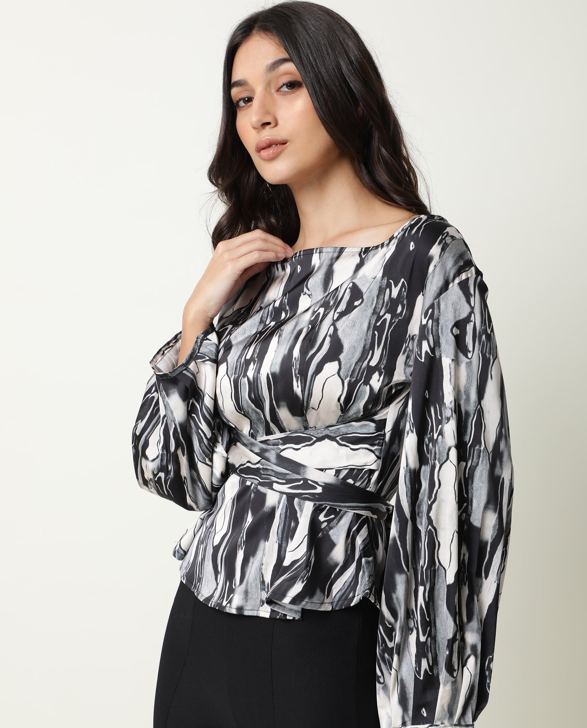 Rareism Womens Germa Black Top Modal Lycra Fabric Regular Fit Puff Sleeves Boat Neck