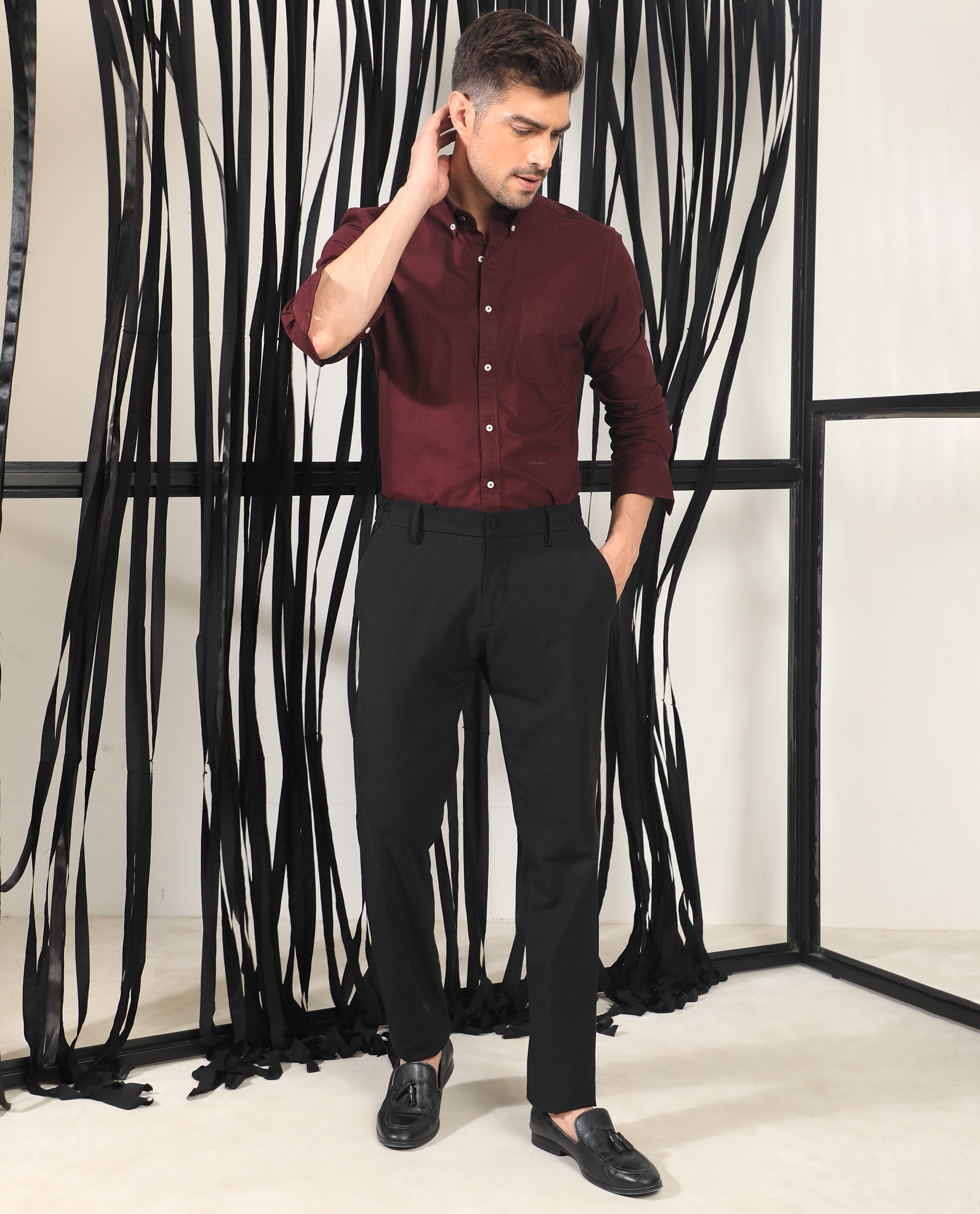 Rare Rabbit Men's Auxfo Maroon Cotton Fabric Full Sleeves Solid Shirt