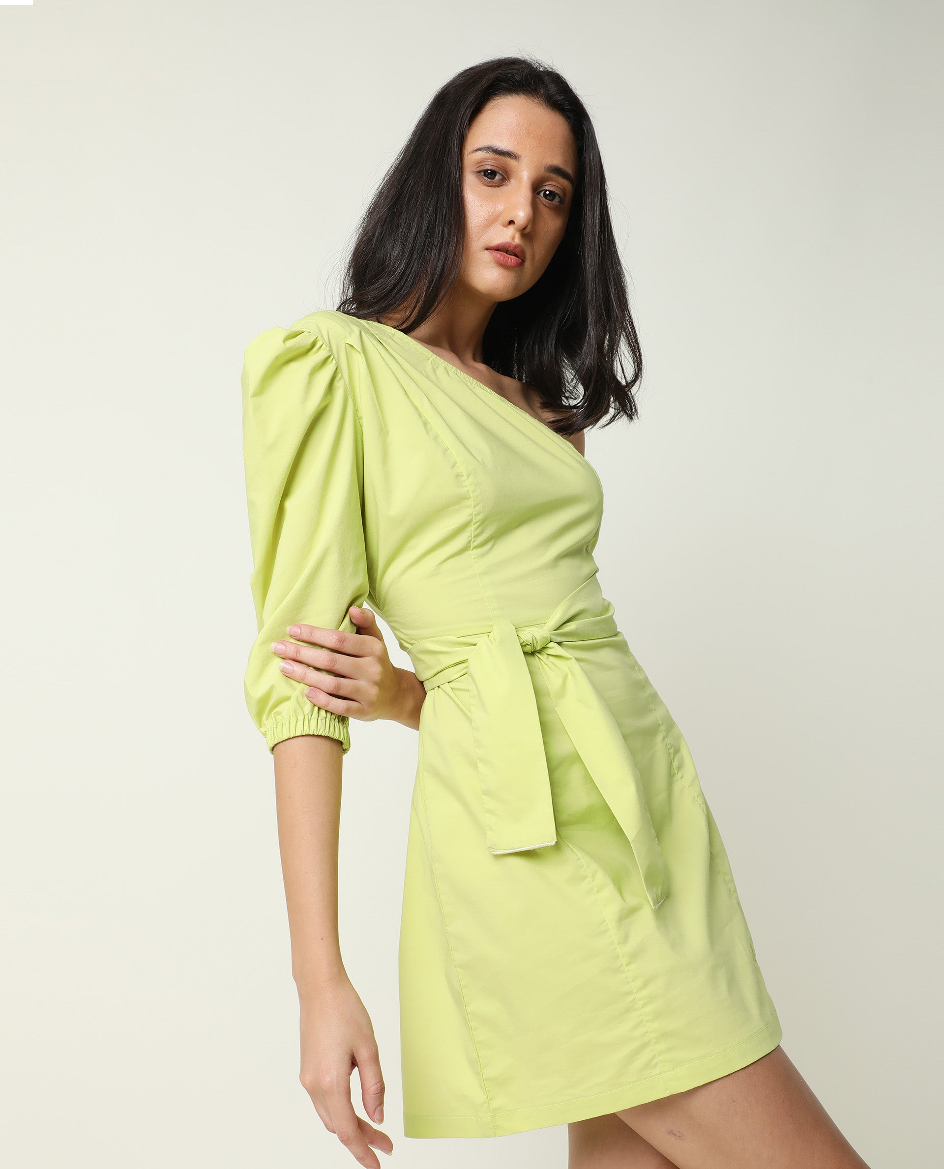 Rareism Women Floris Green Off Shoulder Puff Sleeve With Fabric Waist Tie Up Mini Dress