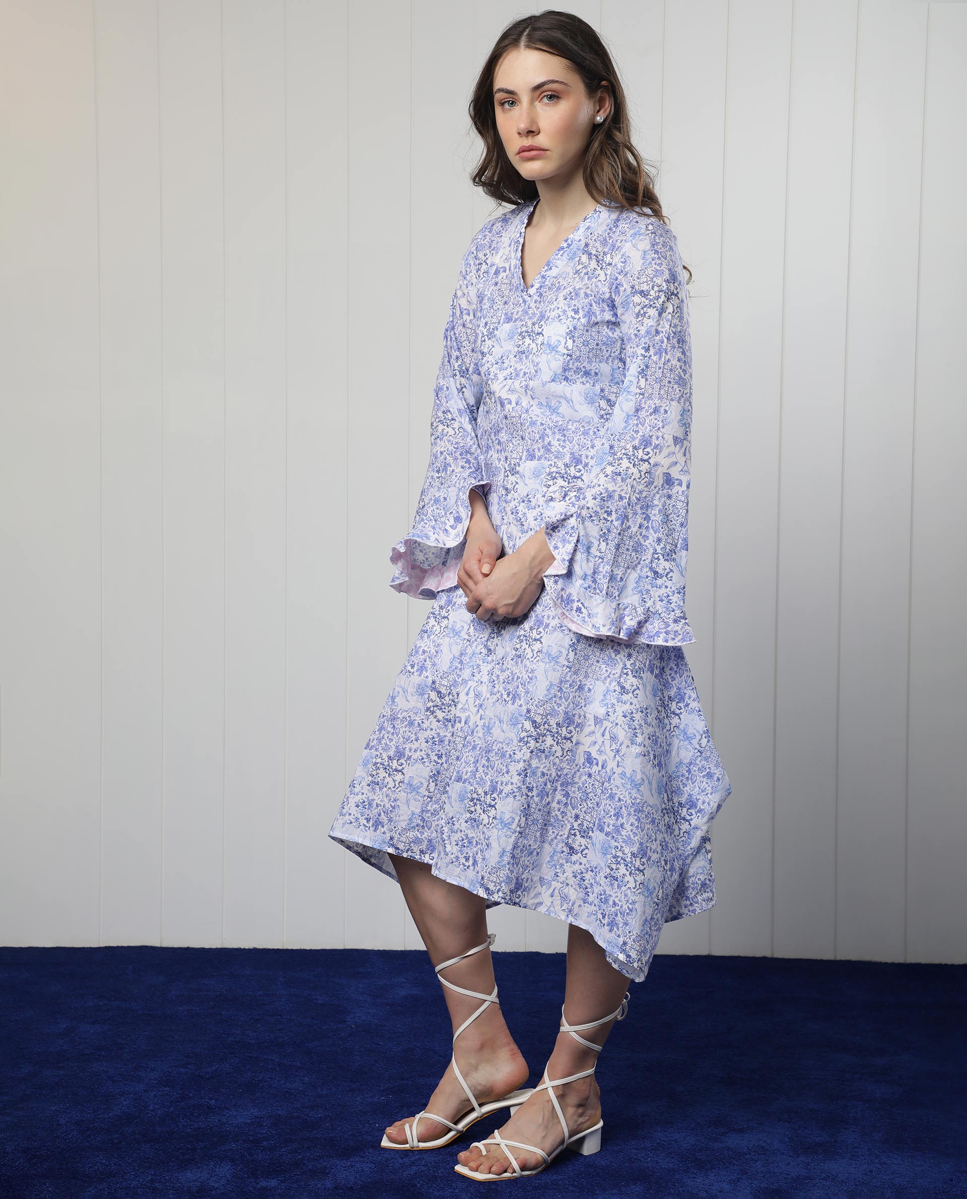 Rareism Women Cherish Blue Cotton Fabric 3/4Th Sleeves V-Neck Regular Fit Floral Print Knee Length Asymmetric Dress