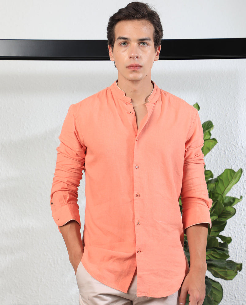 Rare Rabbit Men's Manderin Orange Modal Linen Fabric Mandarin Collar Full Sleeves Solid Shirt