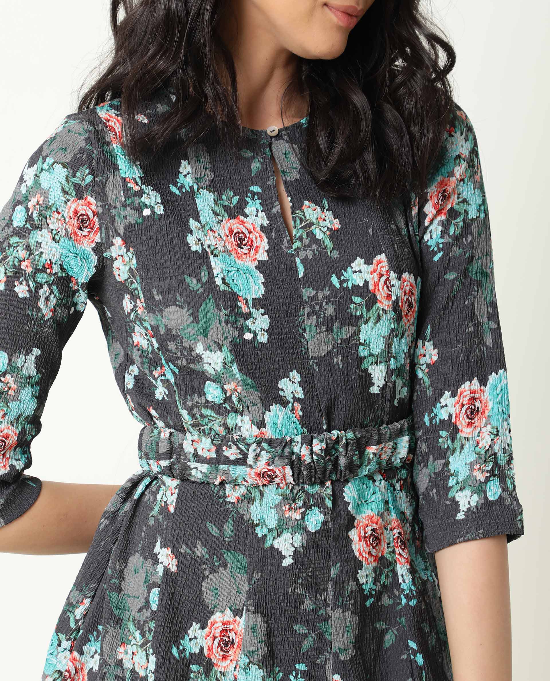 Rareism Women Vasec Grey Printed Boat Neck With Key Hole Button Closure Puff 3/4 Sleeves Elastic Waist Belt Mini Dress