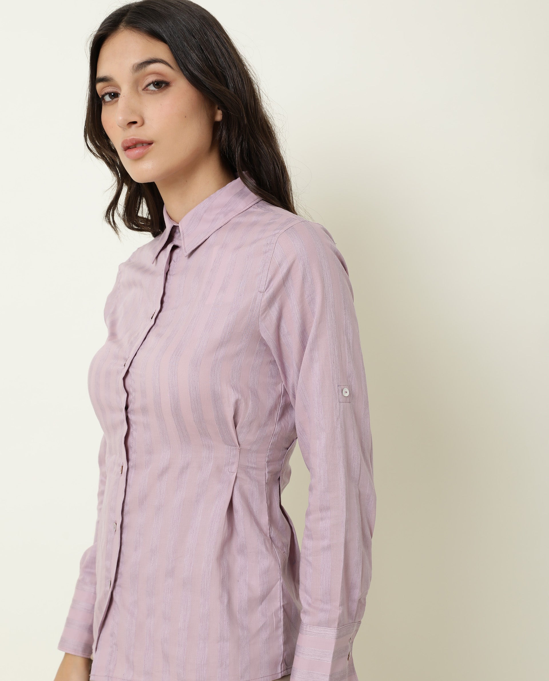 Rareism Women Pickle Pink Cotton Fabric Regular Fit Shirt Collar Full Sleeves Striped Top