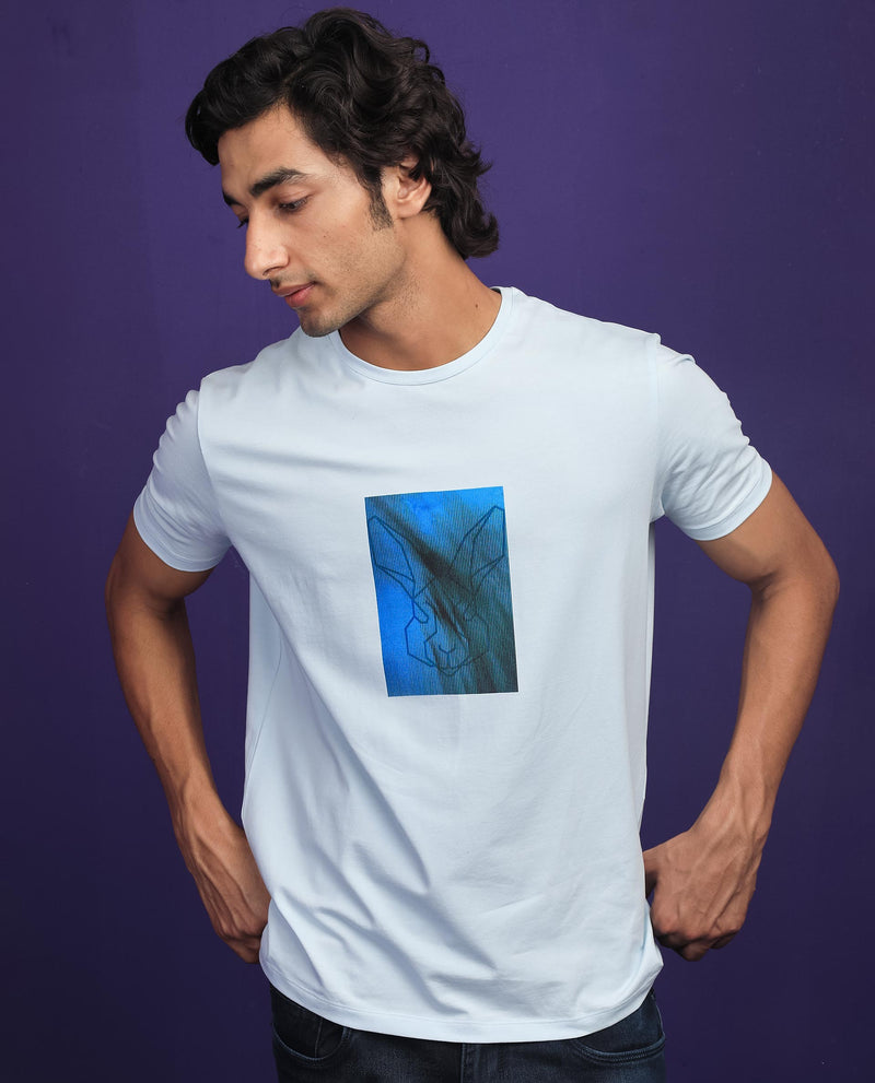 Rare Rabbit Men's Emine Light Blue Crew Neck Discharge Graphic Printed Half Sleeves Slim Fit T-Shirt