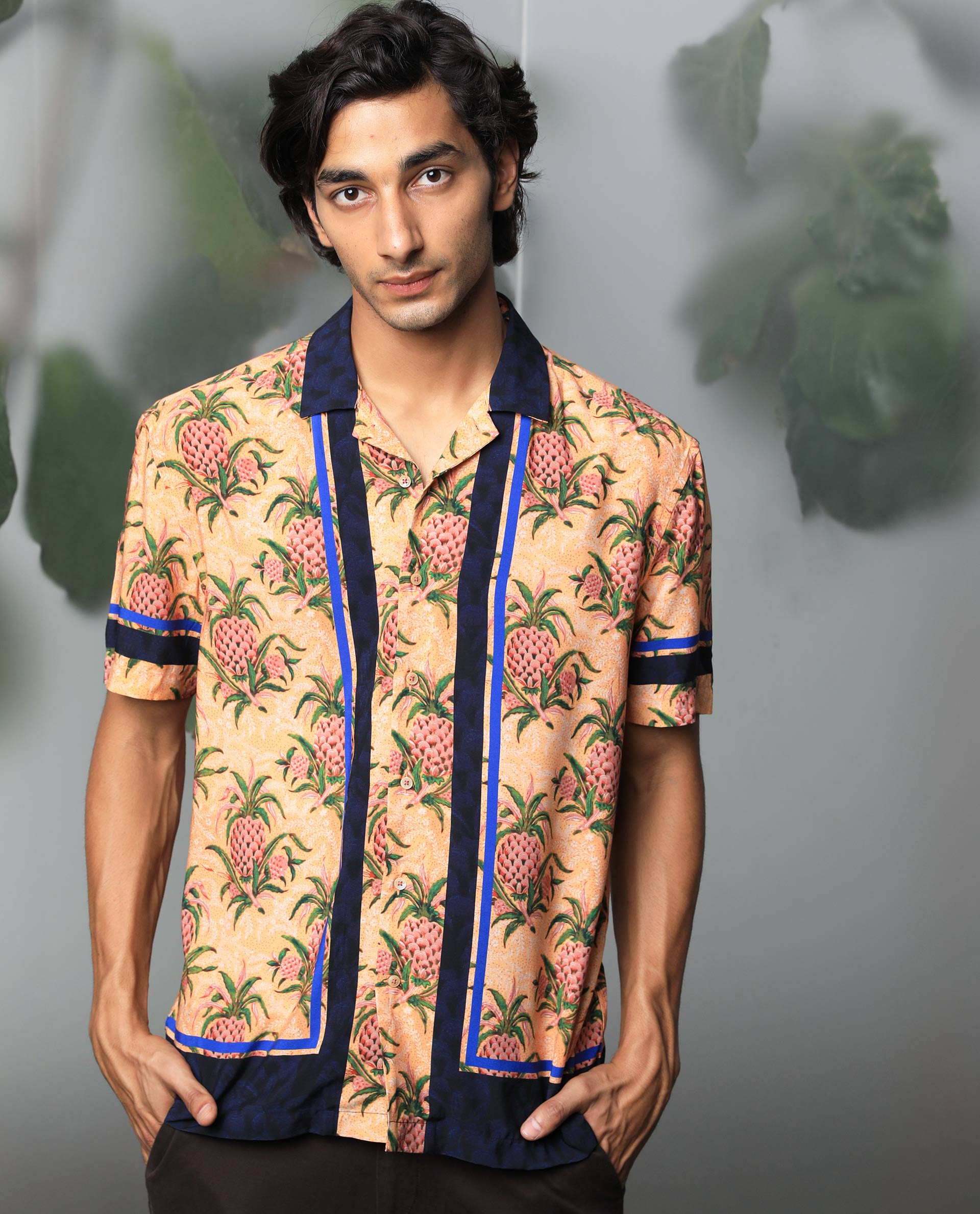 Rare Rabbit Men's Banes Beige Cotton Fabric Cuban Collar Floral Print Half Sleeves Shirt