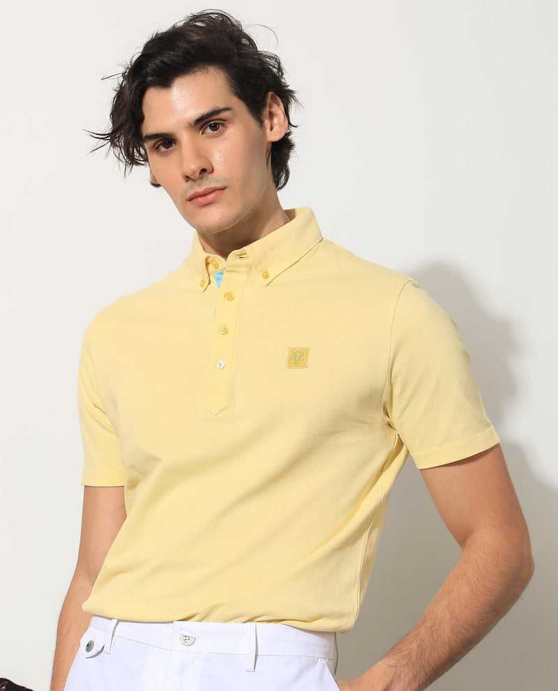 Rare Rabbit Men's Herval Light Yellow Cotton Fabric Short Sleeves Collared Neck Slim Fit Polo T-Shirt