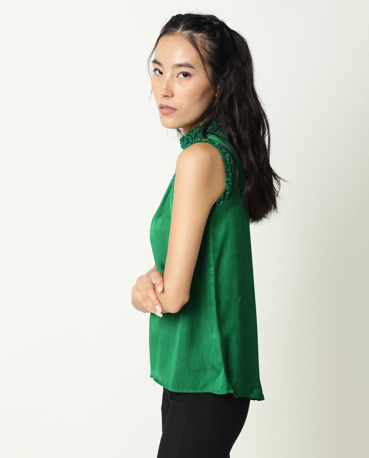 Rareism Womens Baileys Green Top Polyester Fabric  Sleeveless Ruffled Neck