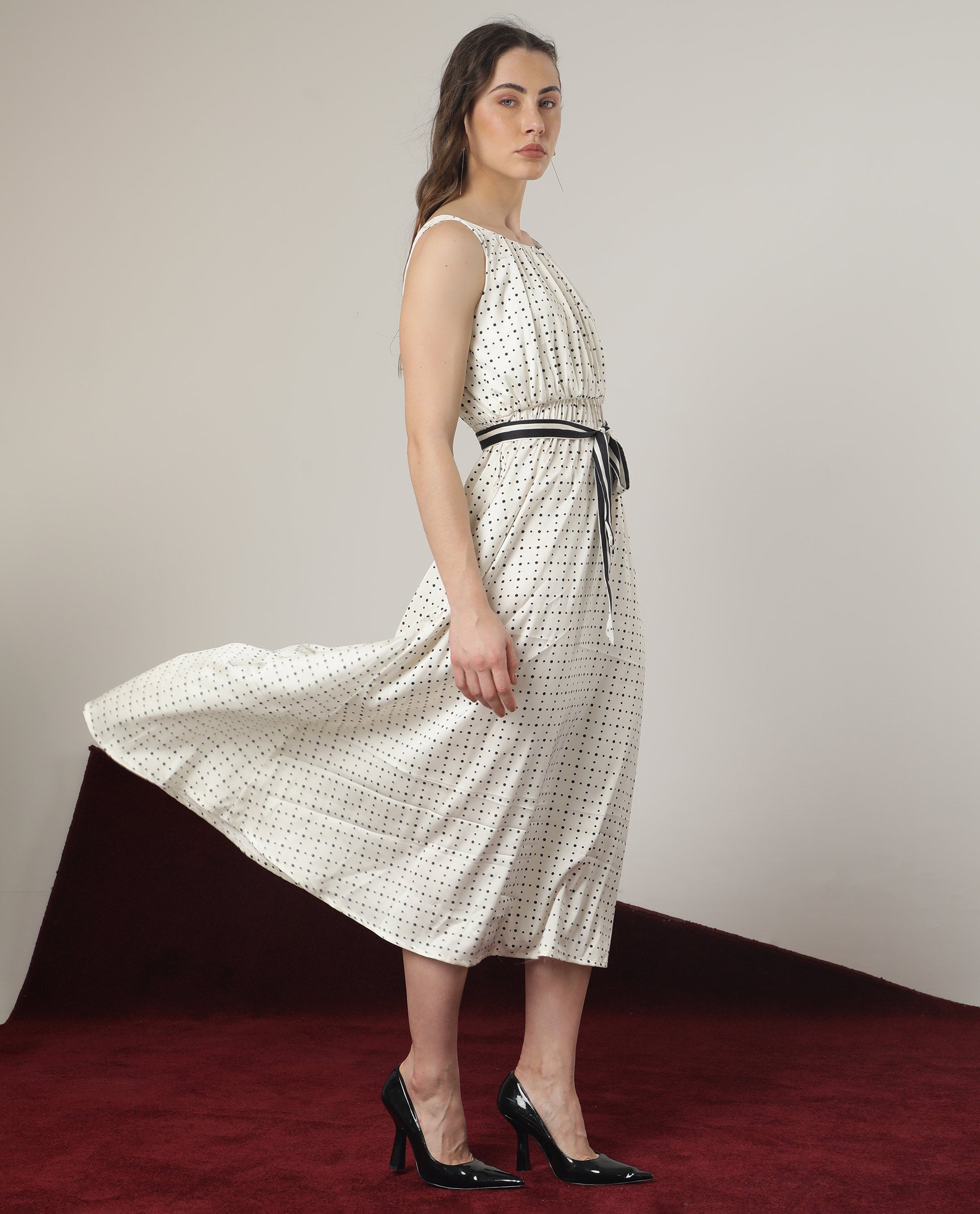 Rareism Women Narcissa Beige Polyester Fabric Boat Neck Sleeveless Regular Fit Polka Knee Length Empire Dress