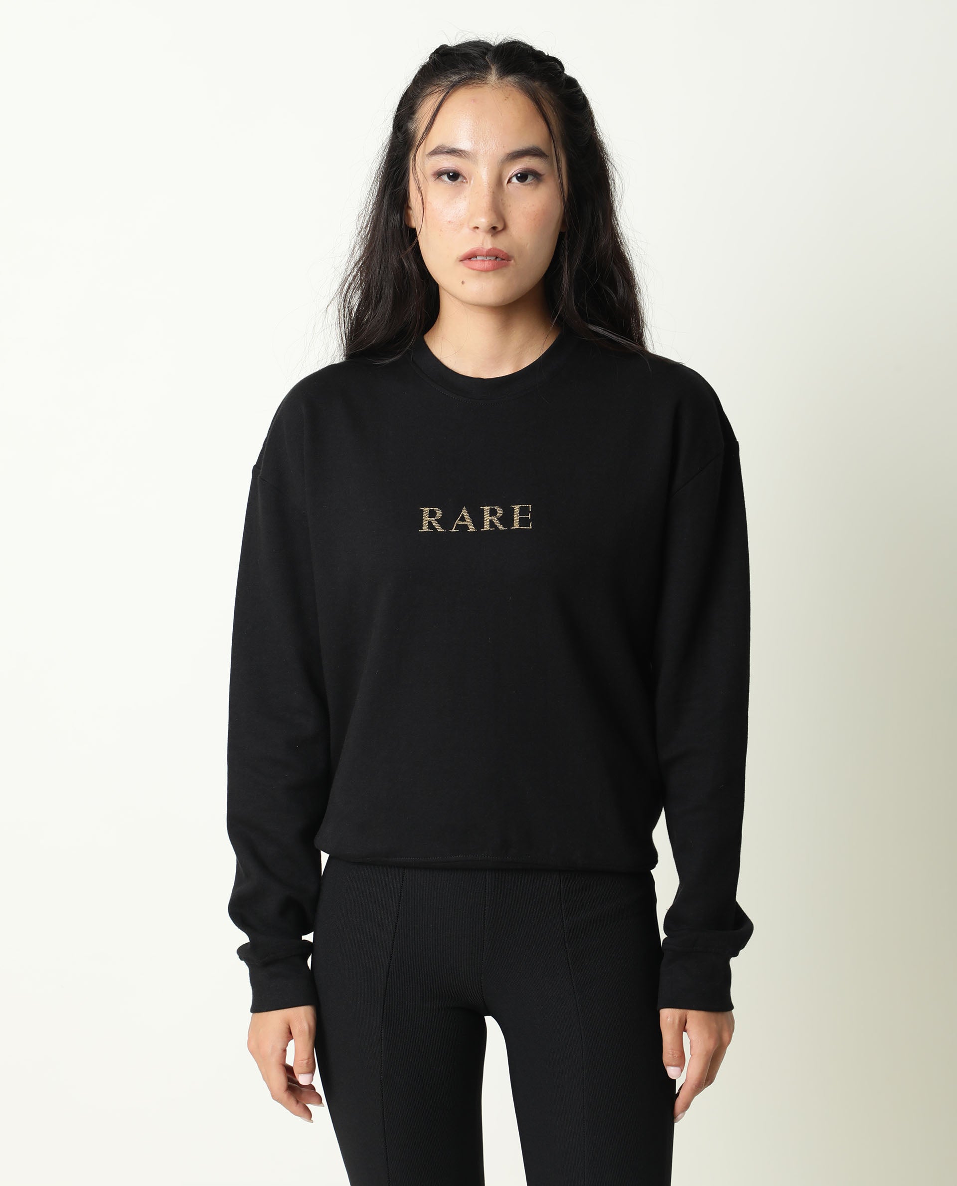 Rareism Womens Goldy Black Sweatshirt Crew Neck Full Sleeve Cotton Blend Fabric Relaxed Fit