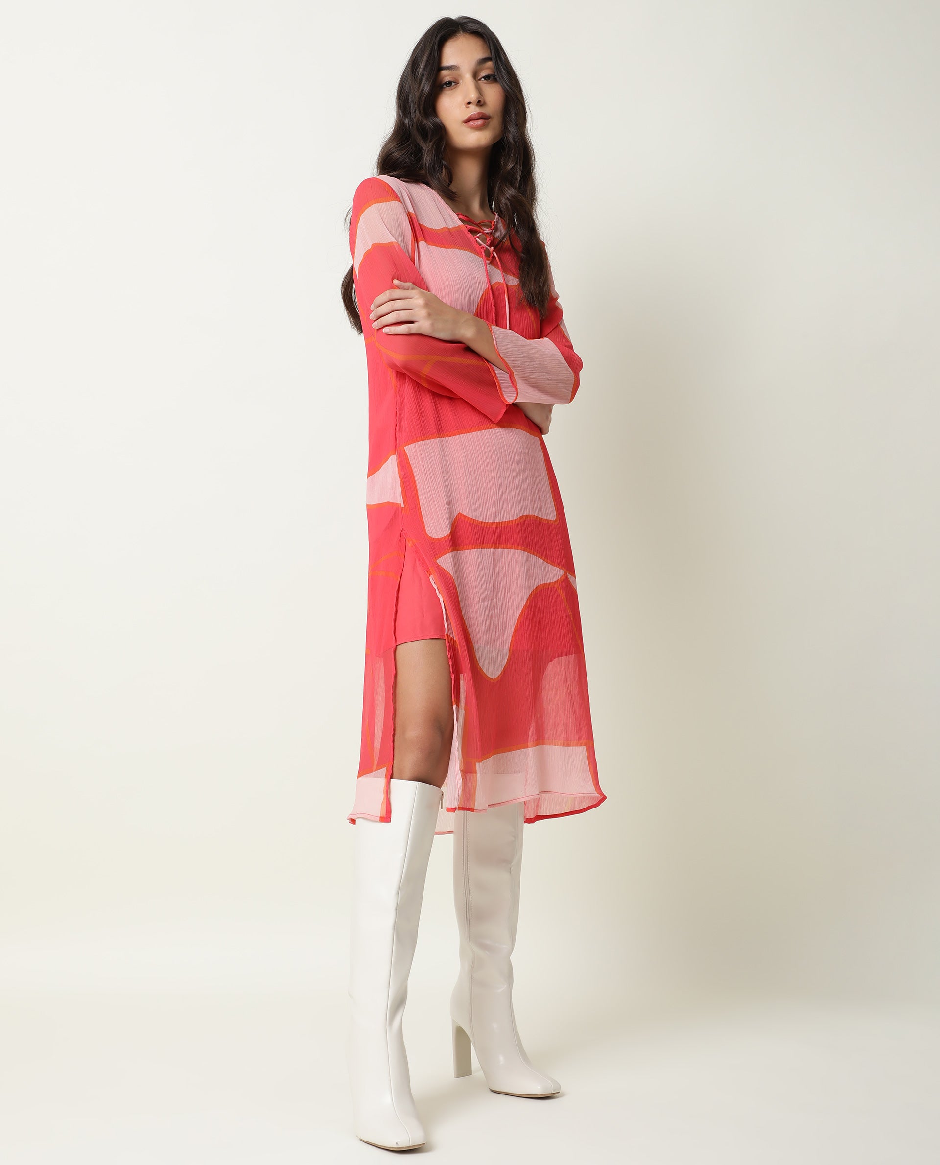 Rareism Women Benett Pink Abstract V Neck With Criss Cross Tie Up Full Sleeves Midi Dress