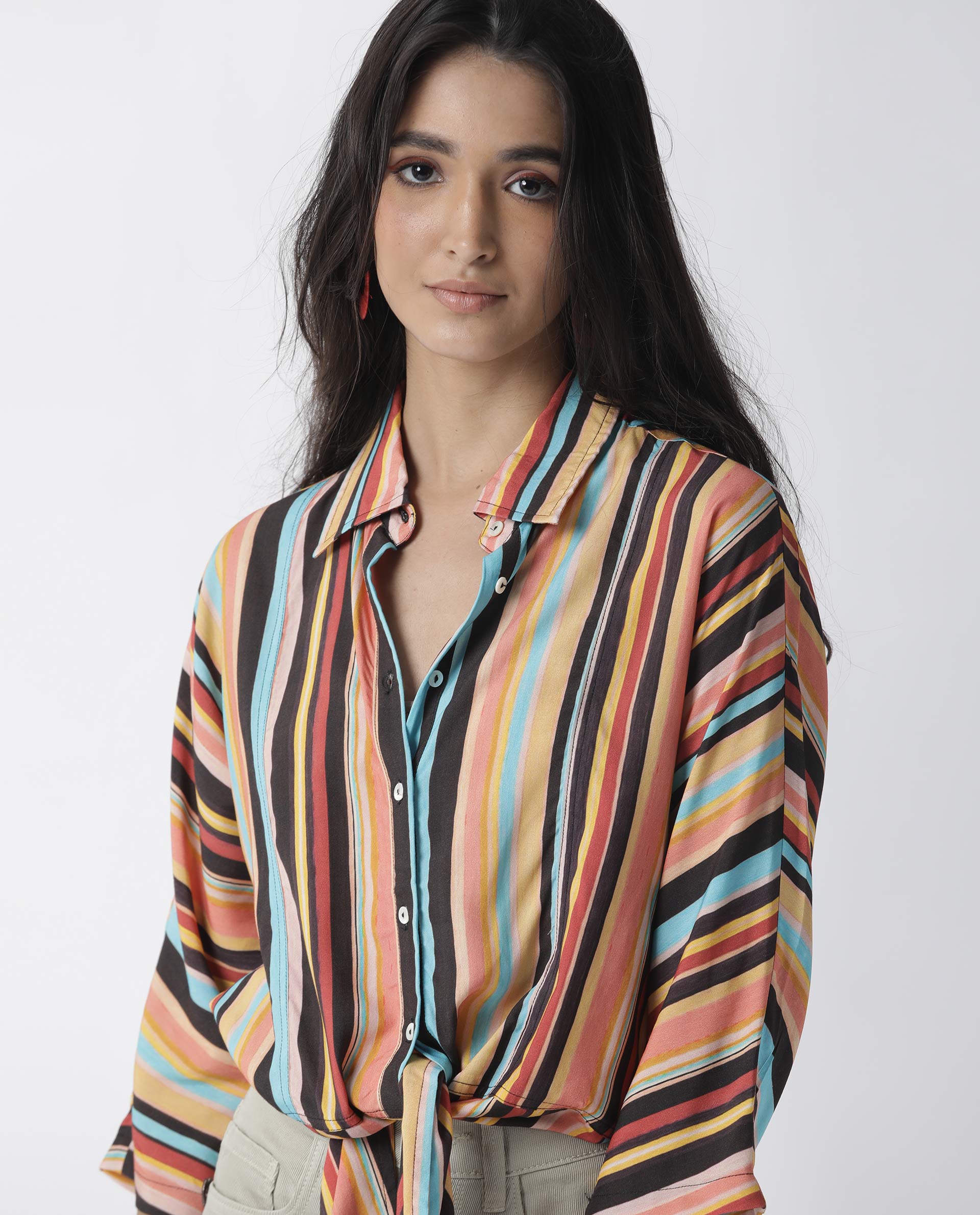 Rareism Womens Drumroll Multi Top Viscose Fabric Regular Fit 3/4 Sleeve Collared Neck