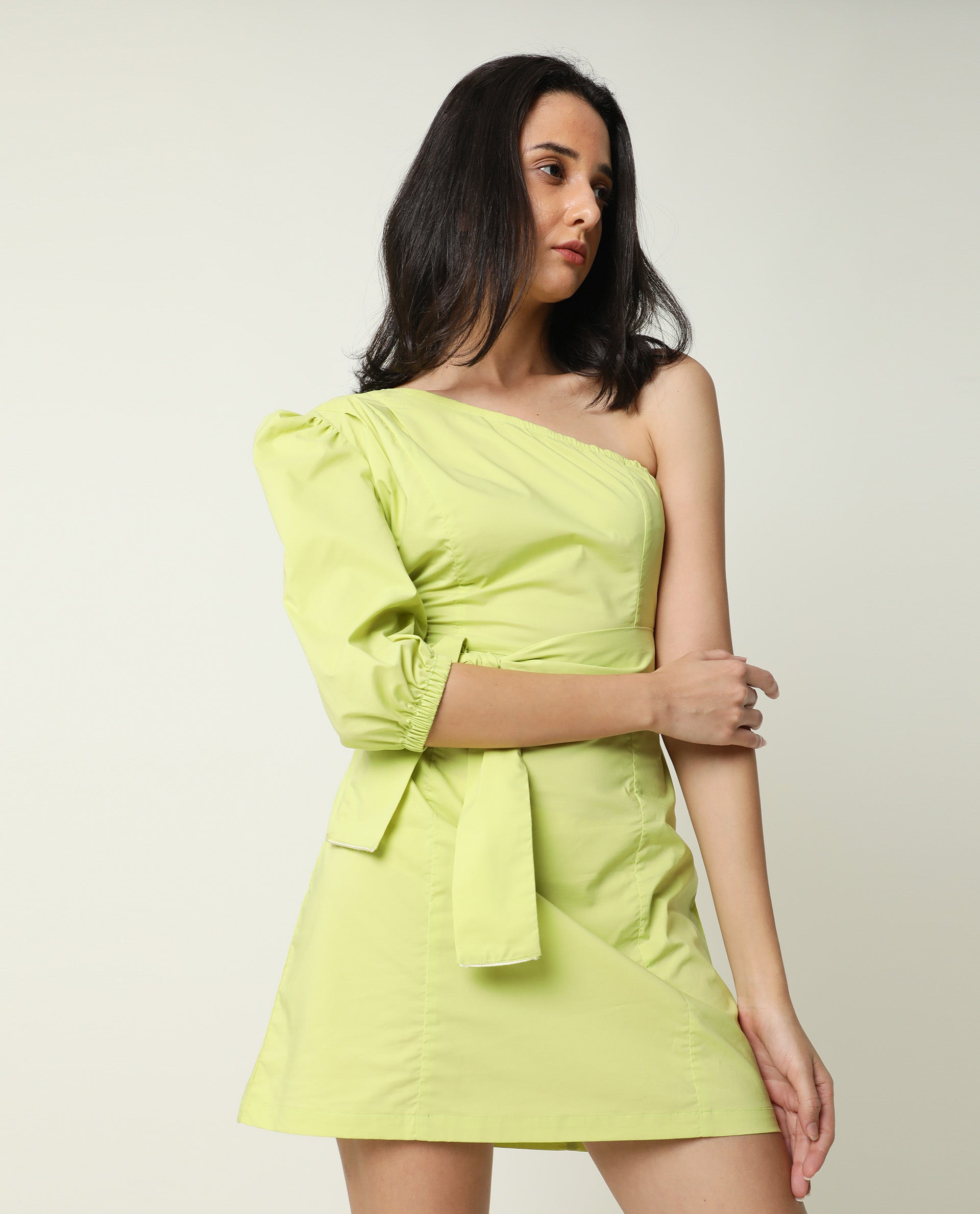 Rareism Women Floris Green Off Shoulder Puff Sleeve With Fabric Waist Tie Up Mini Dress