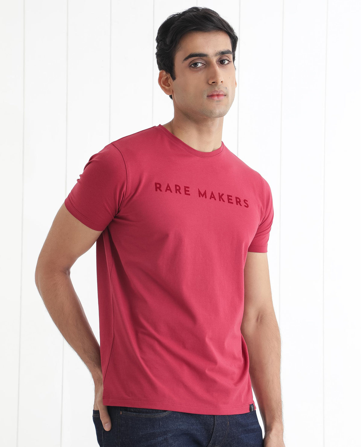 Rare Rabbit Men's Burke Dark Red Crew Neck Half Sleeves Velvet Branding Regular Fit T-Shirt