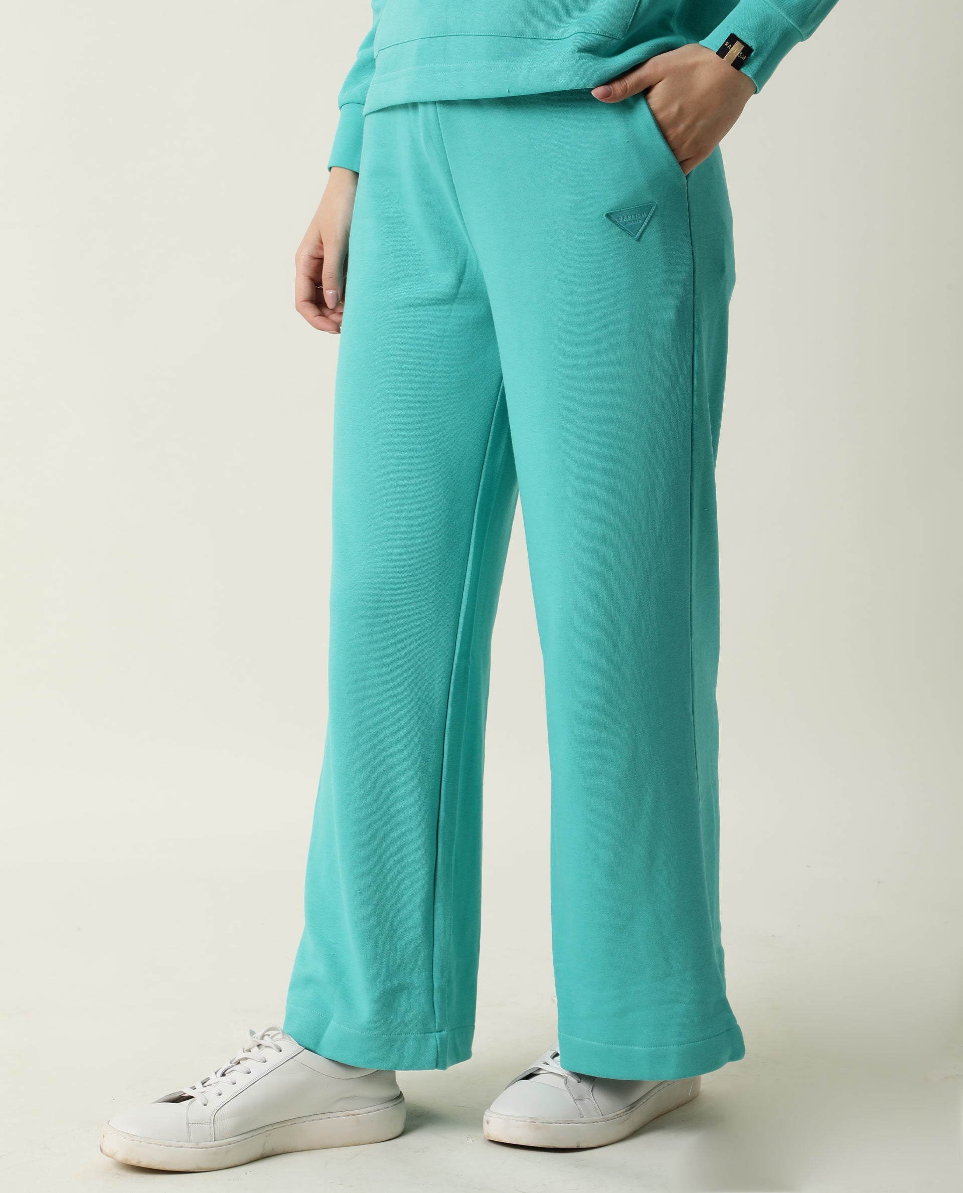 Rareism Women Pazo-1 Turq Poly Cotton Fabric Relaxed Fit Solid Mid Rise Ankle Length Track Pant