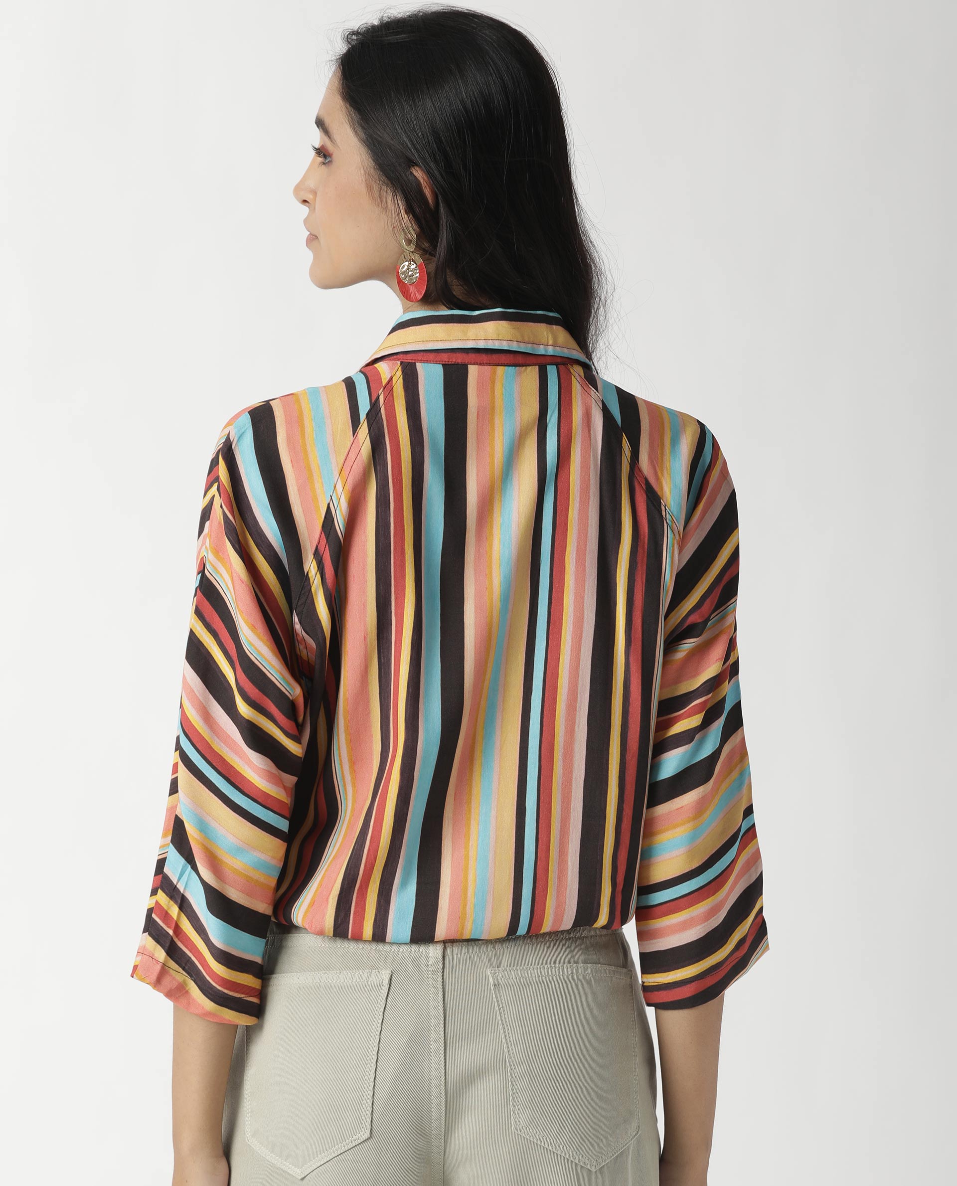 Rareism Womens Drumroll Multi Top Viscose Fabric Regular Fit 3/4 Sleeve Collared Neck