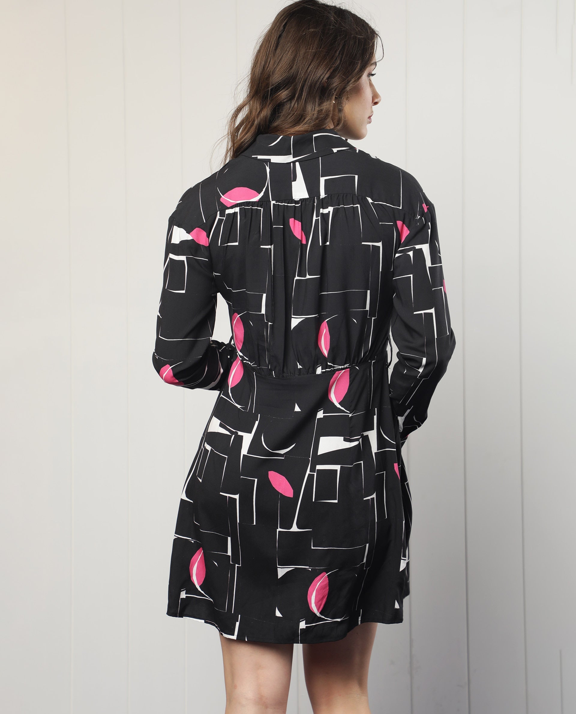 Rareism Women Ortiz Black Cotton Fabric Full Sleeves Button Closure Drop Collar Regular Fit Abstract Print Short Empire Dress