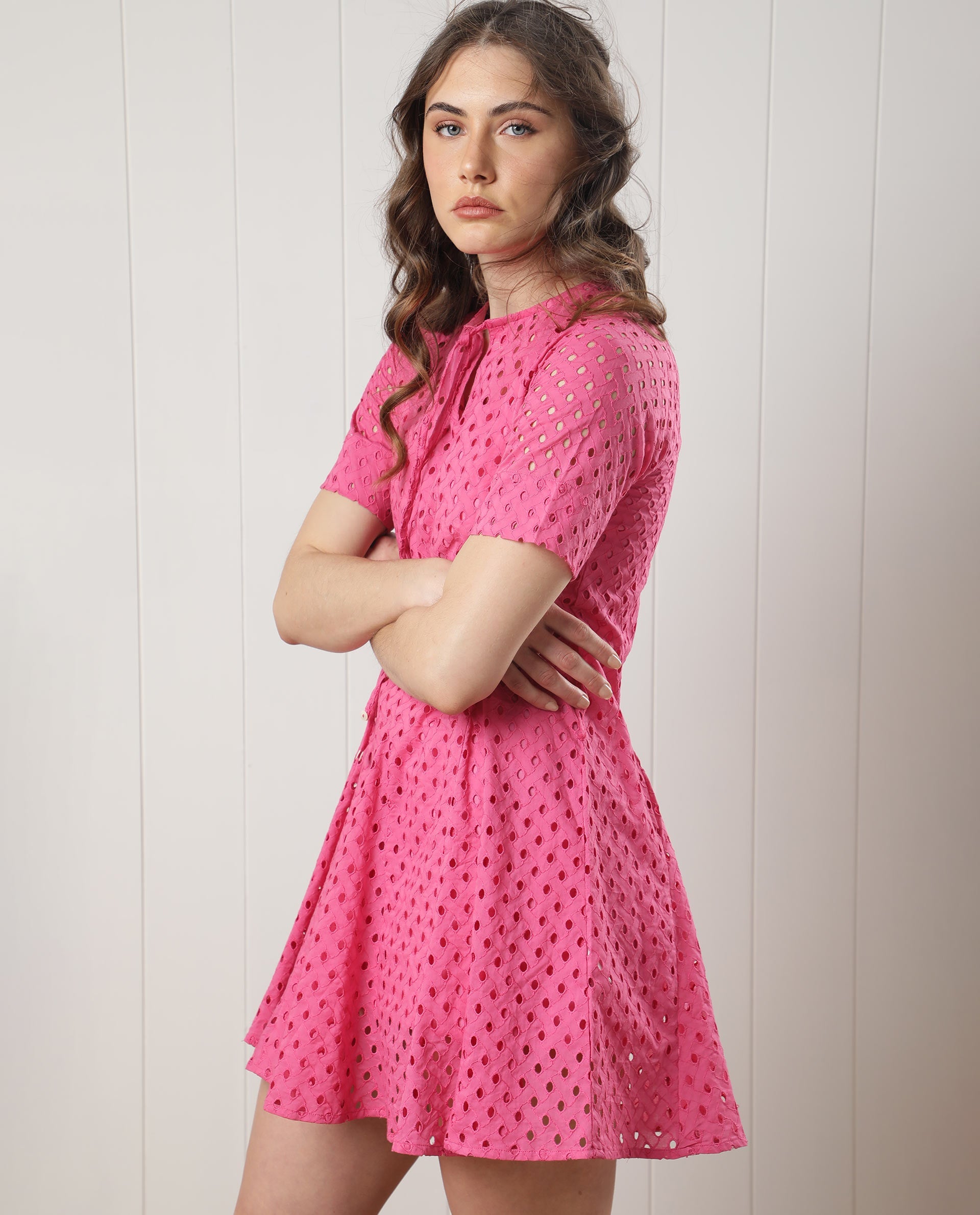 Rareism Women Bex Fluorescent Pink Schiffli Round Tie Up Neck With Short Sleeves And Elastic Belt At Waist Mini Dress