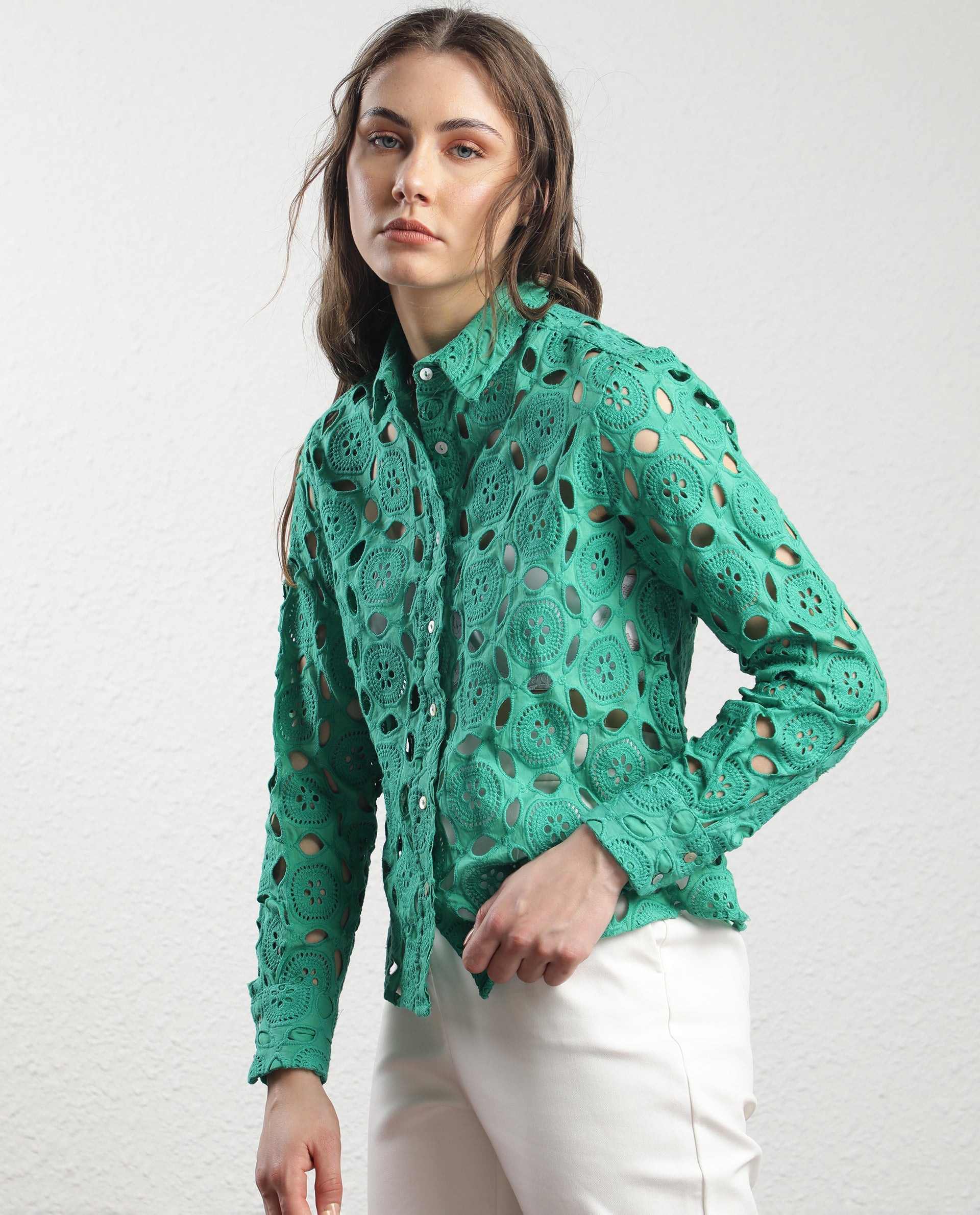 Rareism Women Olivia Green Top Cotton Fabric Full Sleeves Solid