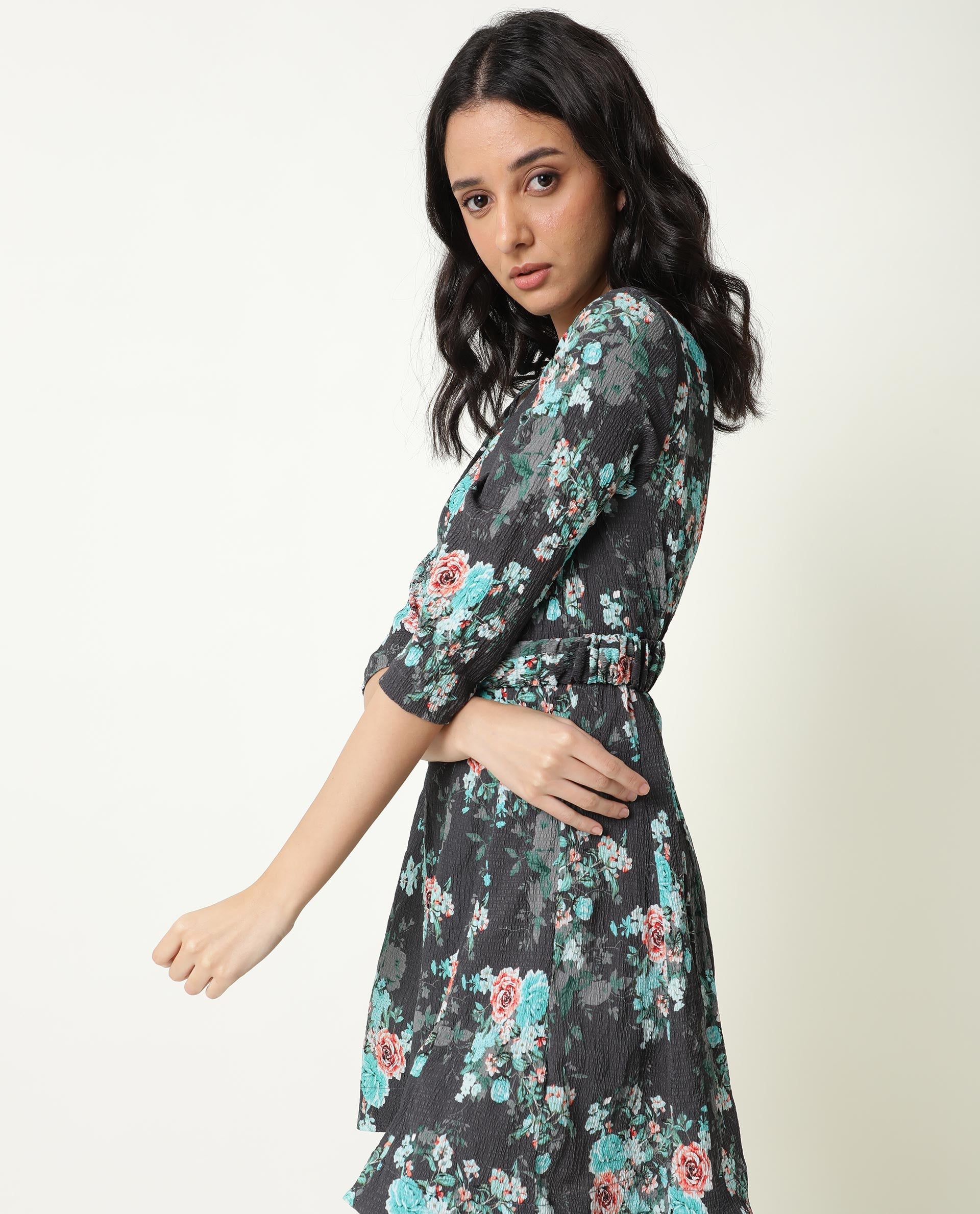 Rareism Women Vasec Grey Printed Boat Neck With Key Hole Button Closure Puff 3/4 Sleeves Elastic Waist Belt Mini Dress