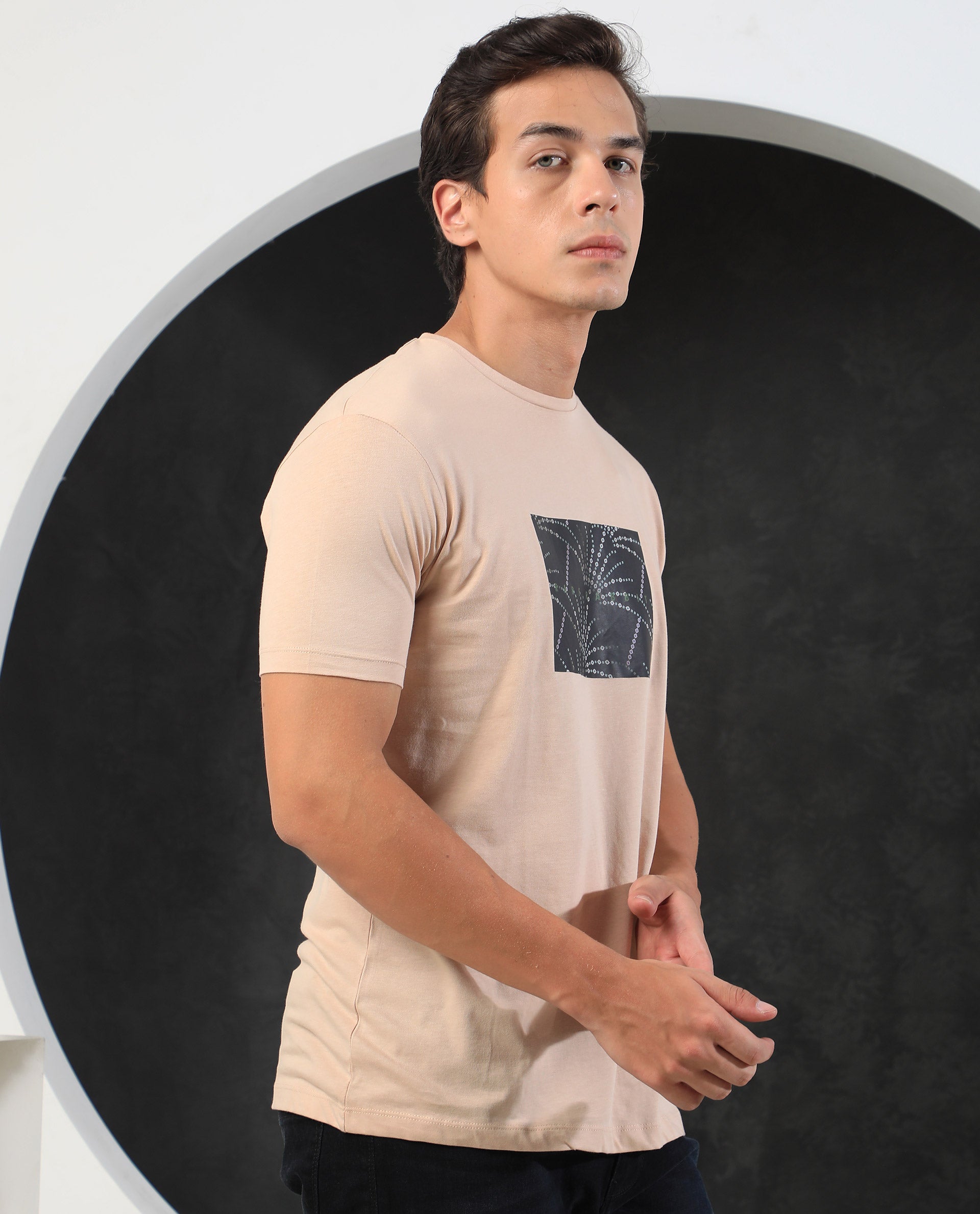 Rare Rabbit Men's Glams Beige Crew Neck Abstract Graphic Logo Printed T-Shirt