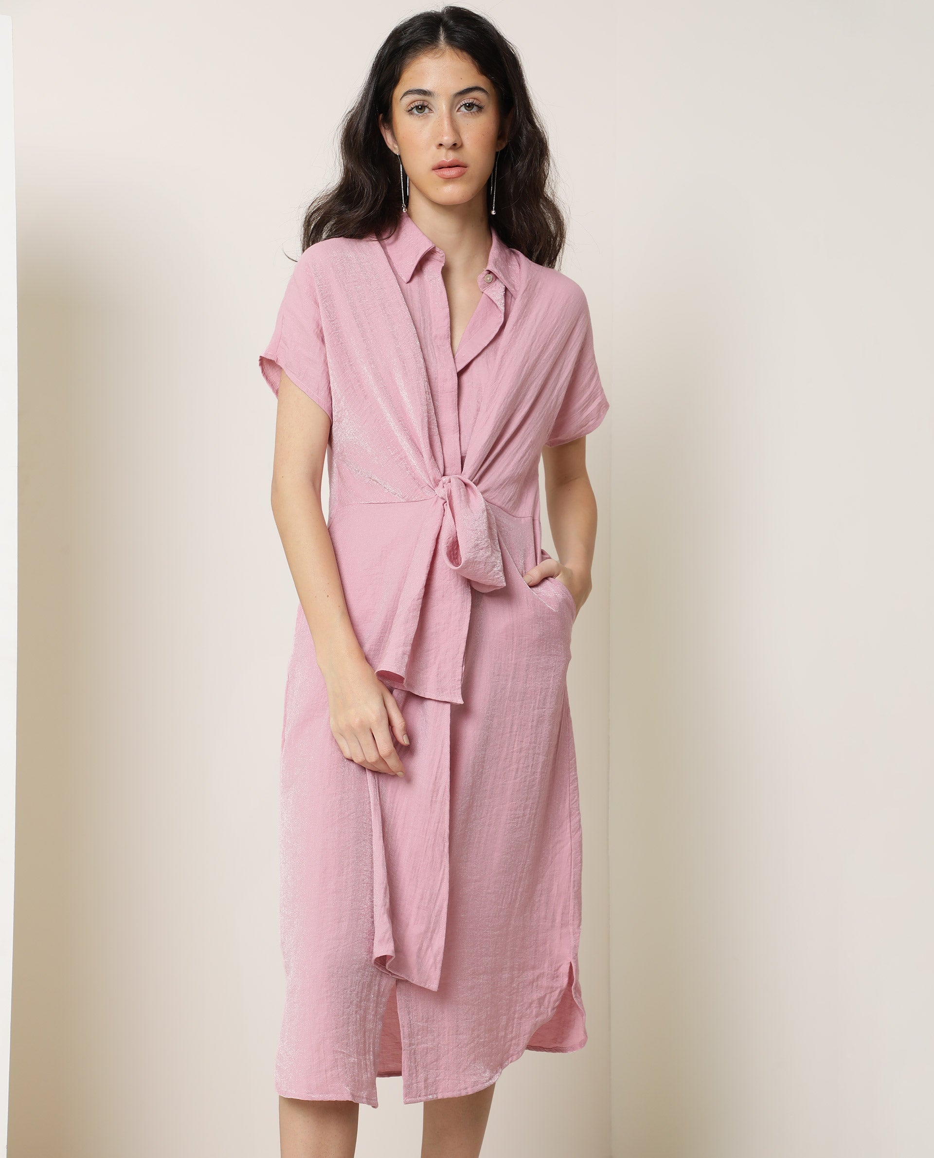 Rareism Women Kori Metallic Pink Shirt Collar Short Sleeve Front Button Closure Placket Fabric Waist Belt Pocket Midi Dress