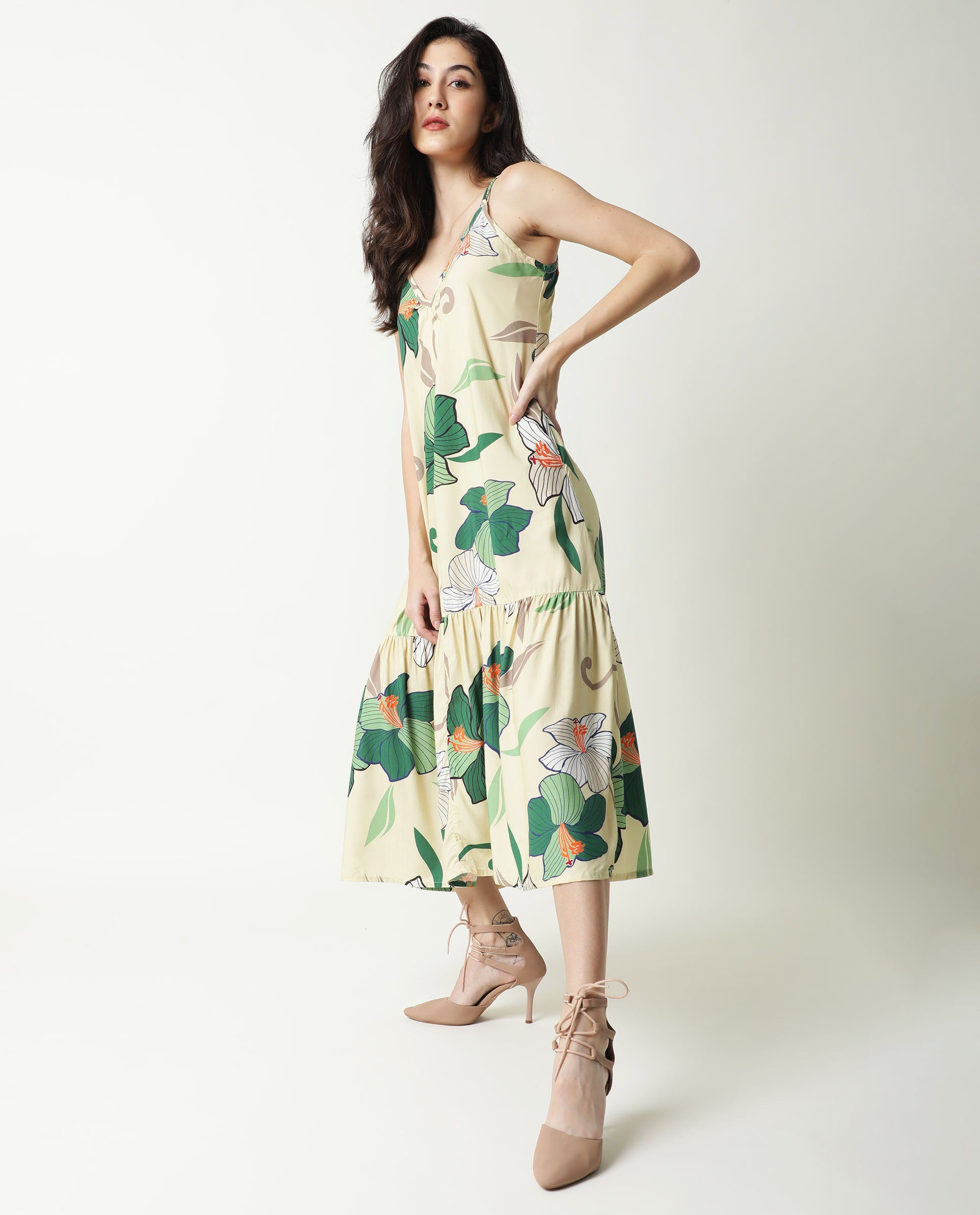 Rareism Women Etana Off White Deep U Neck With Double Spaghetti Straps And Pockets Midi Dress