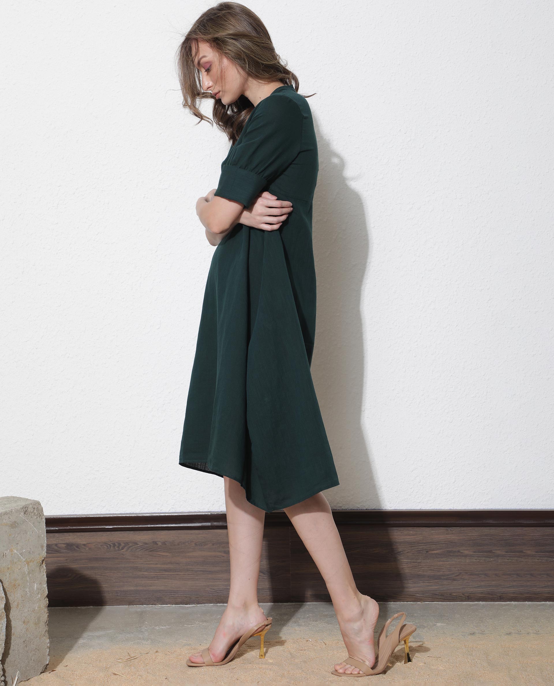 Rareism Women Cherry Green V Neck Tie-Up 3/4 Sleeves Symmetrical Knee Length Dress