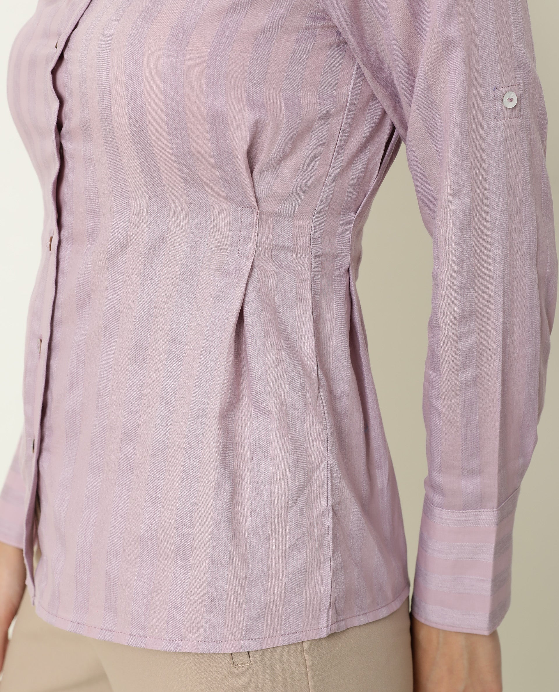 Rareism Women Pickle Pink Cotton Fabric Regular Fit Shirt Collar Full Sleeves Striped Top