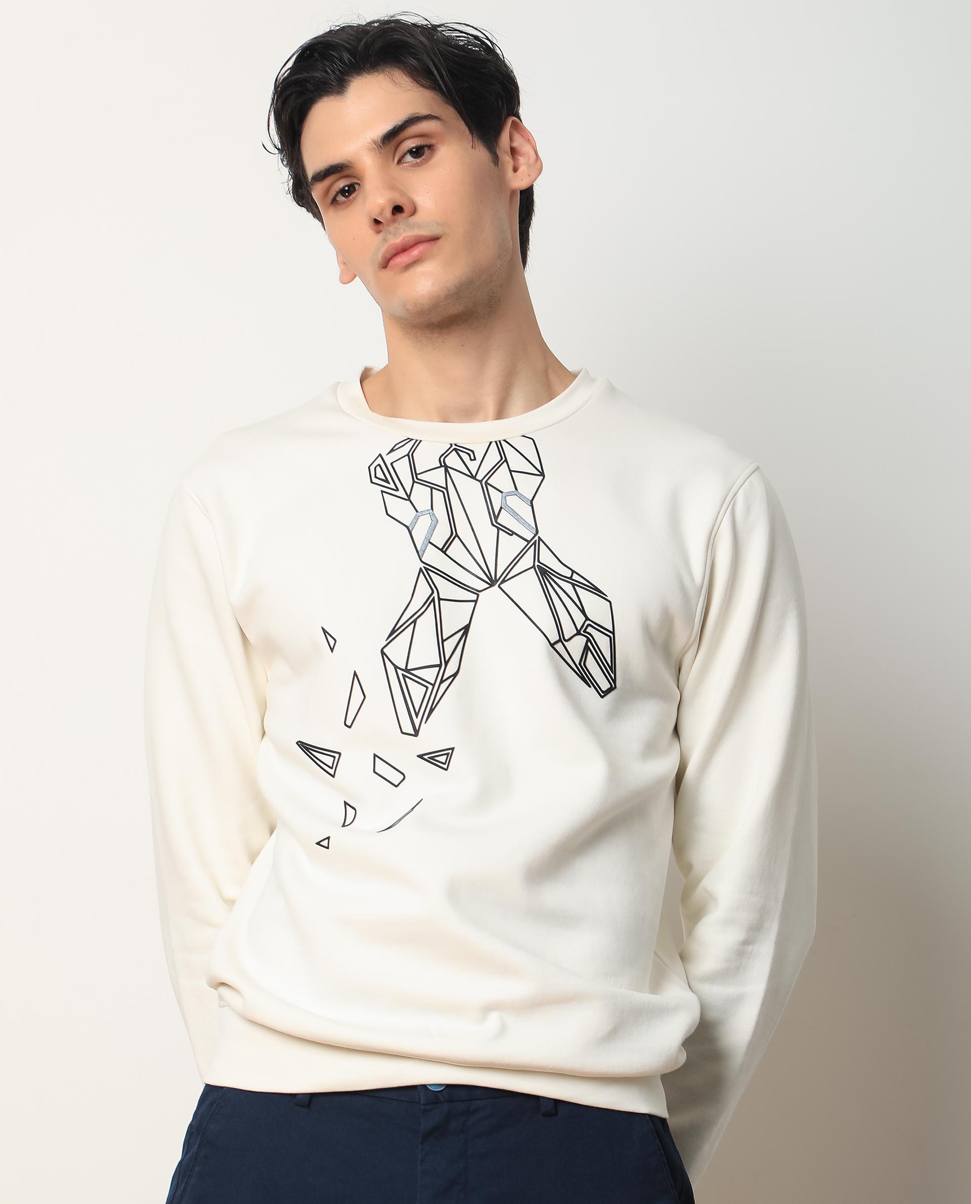Rare Rabbit Mens Oakk Off White Full Sleeves Crew Neck Graphic Logo Print Sweatshirt