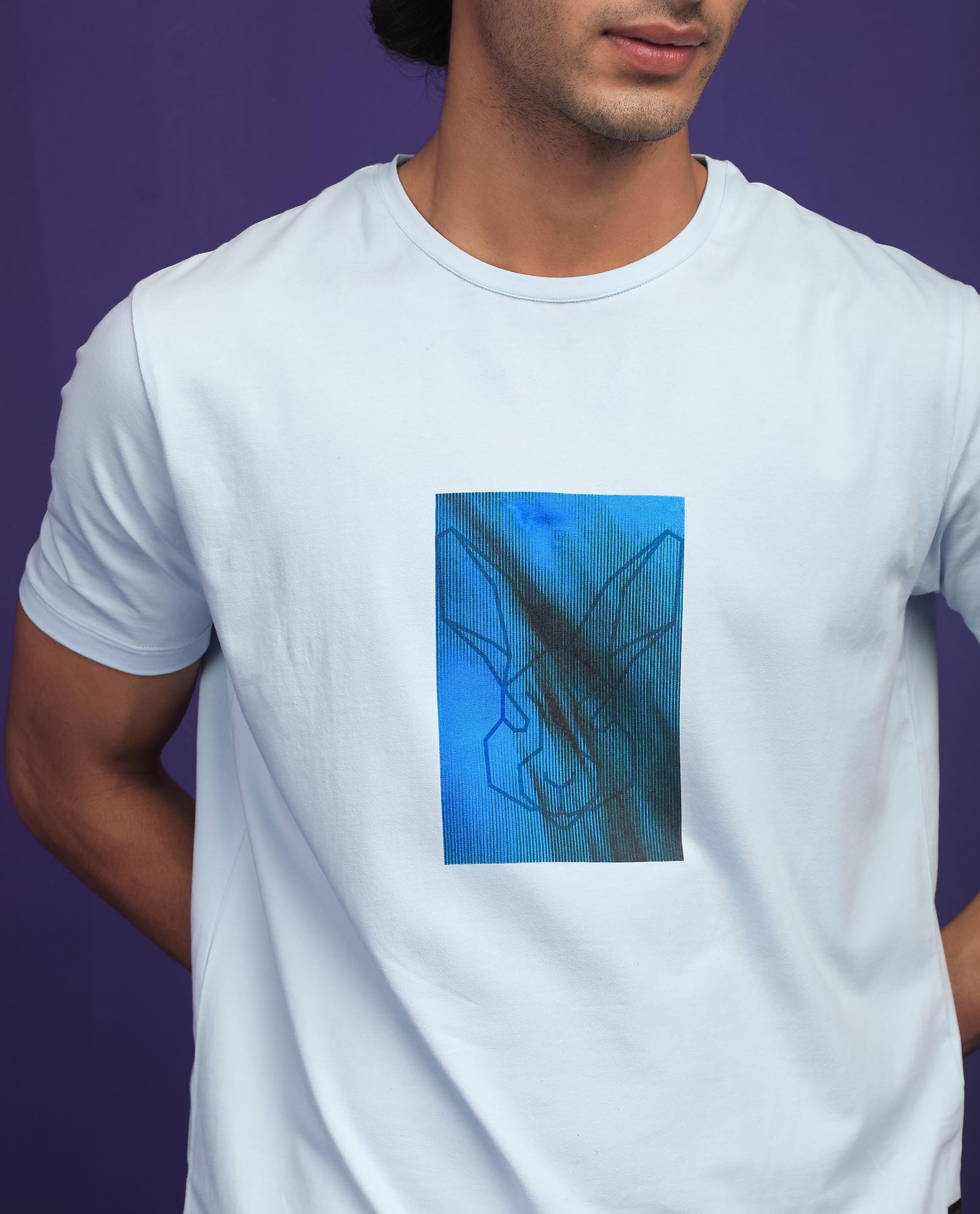 Rare Rabbit Men's Emine Light Blue Crew Neck Discharge Graphic Printed Half Sleeves Slim Fit T-Shirt