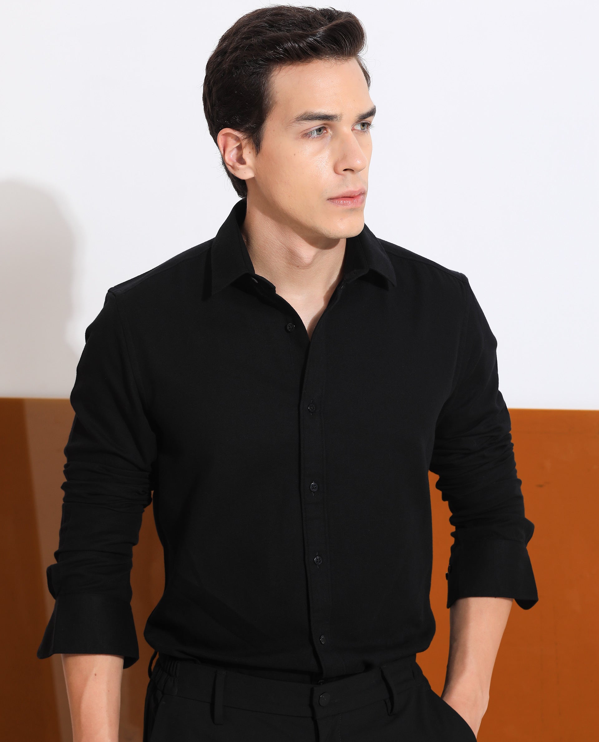 Rare Rabbit Mens Otago Black Cotton Fabric Full Sleeves Regular Fit Solid Shirt