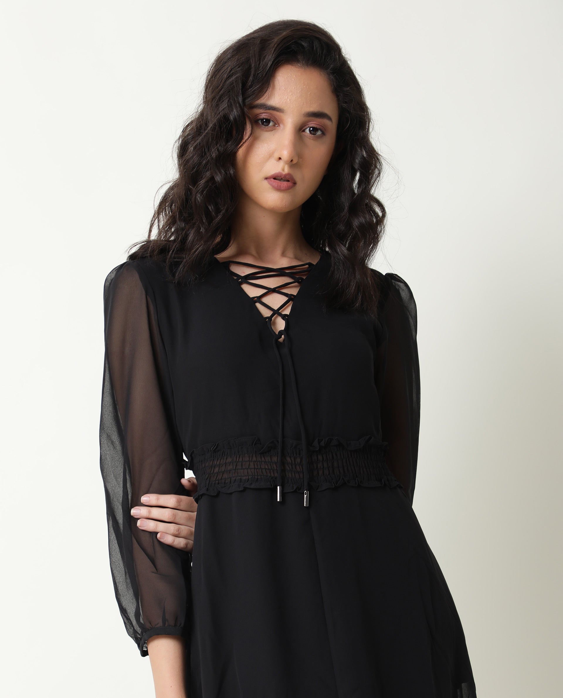 Rareism Women Ommet Black V Neck Criss Cross Tie Up Neckline Full Sleeve Smocked Waist Panel Asymmetric Knee Length Dress