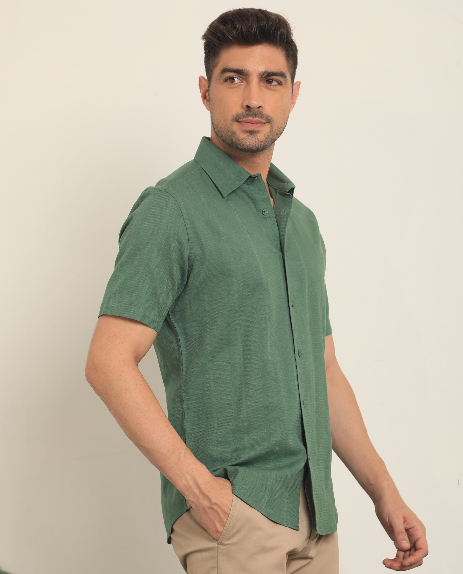 Rare Rabbit Mens Matto Green Cotton Fabric Short Sleeves Self Stripe Dobby Shirt