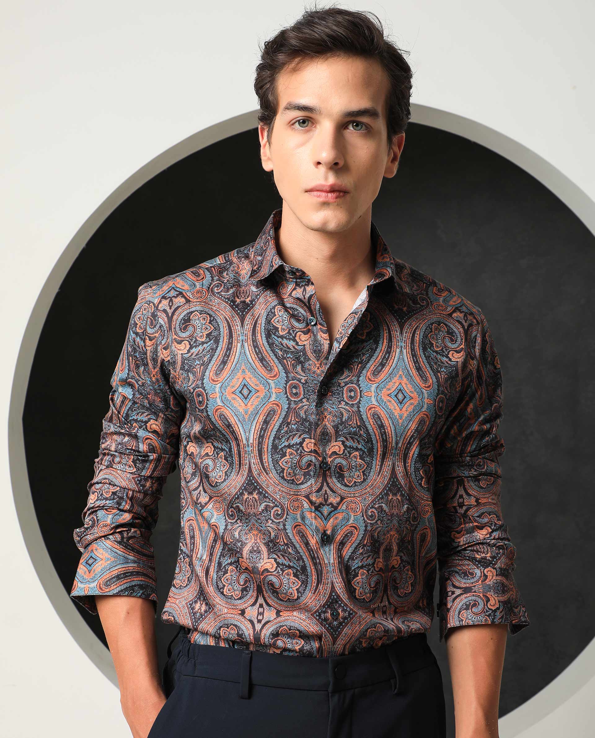 Rare Rabbit Men's Mergers Navy Cotton Fabric Full Sleeves Paisley Print Shirt