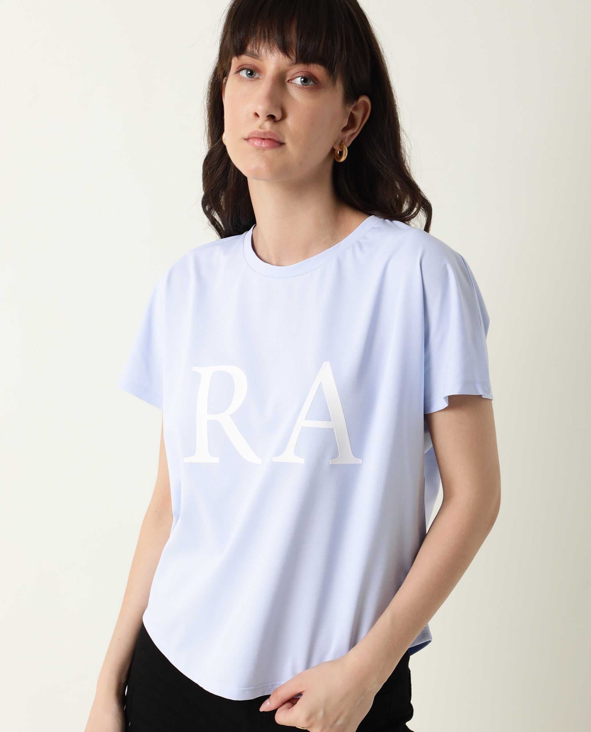 Rareism Women Hush Blue Poly Cotton Fabric Regular Fit Half Sleeves Graphic Print Crew Neck T-Shirt