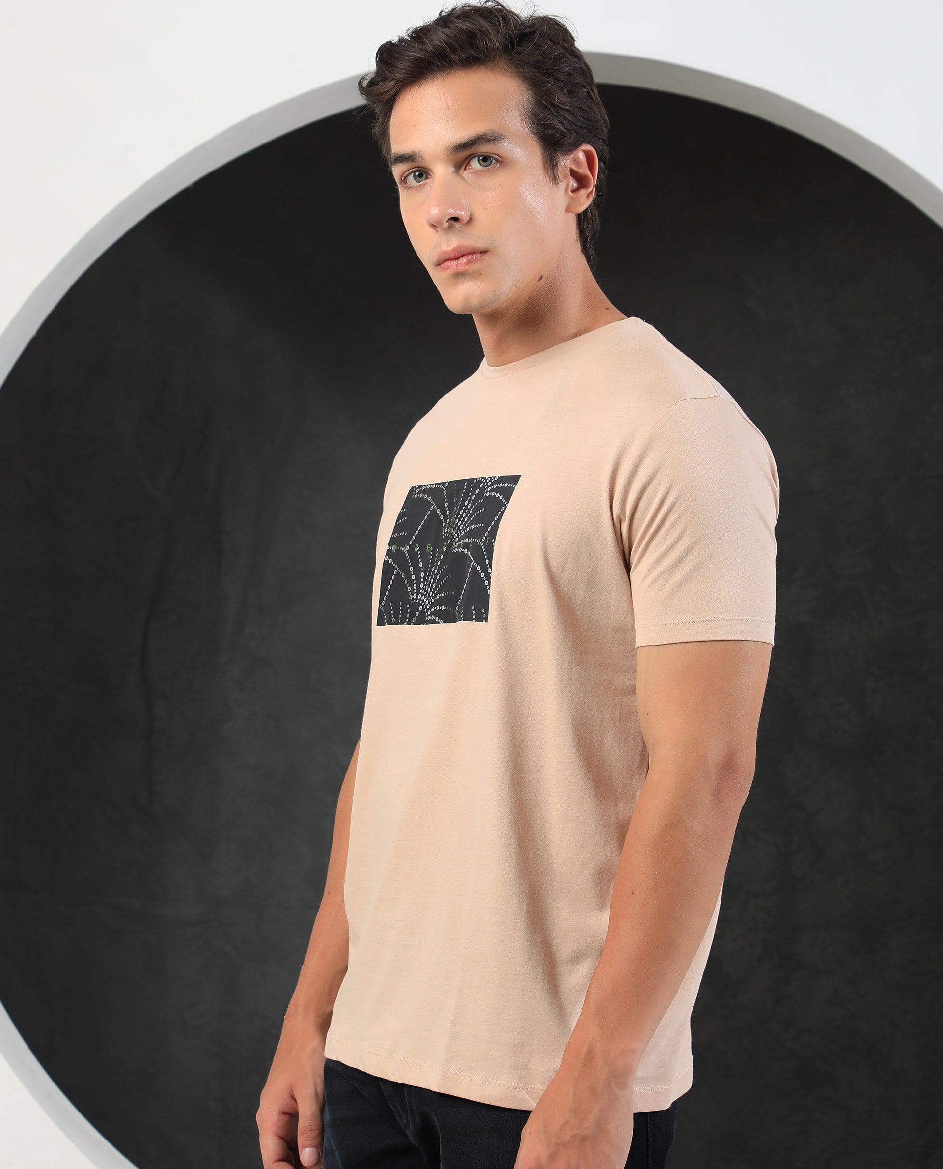 Rare Rabbit Men's Glams Beige Crew Neck Abstract Graphic Logo Printed T-Shirt