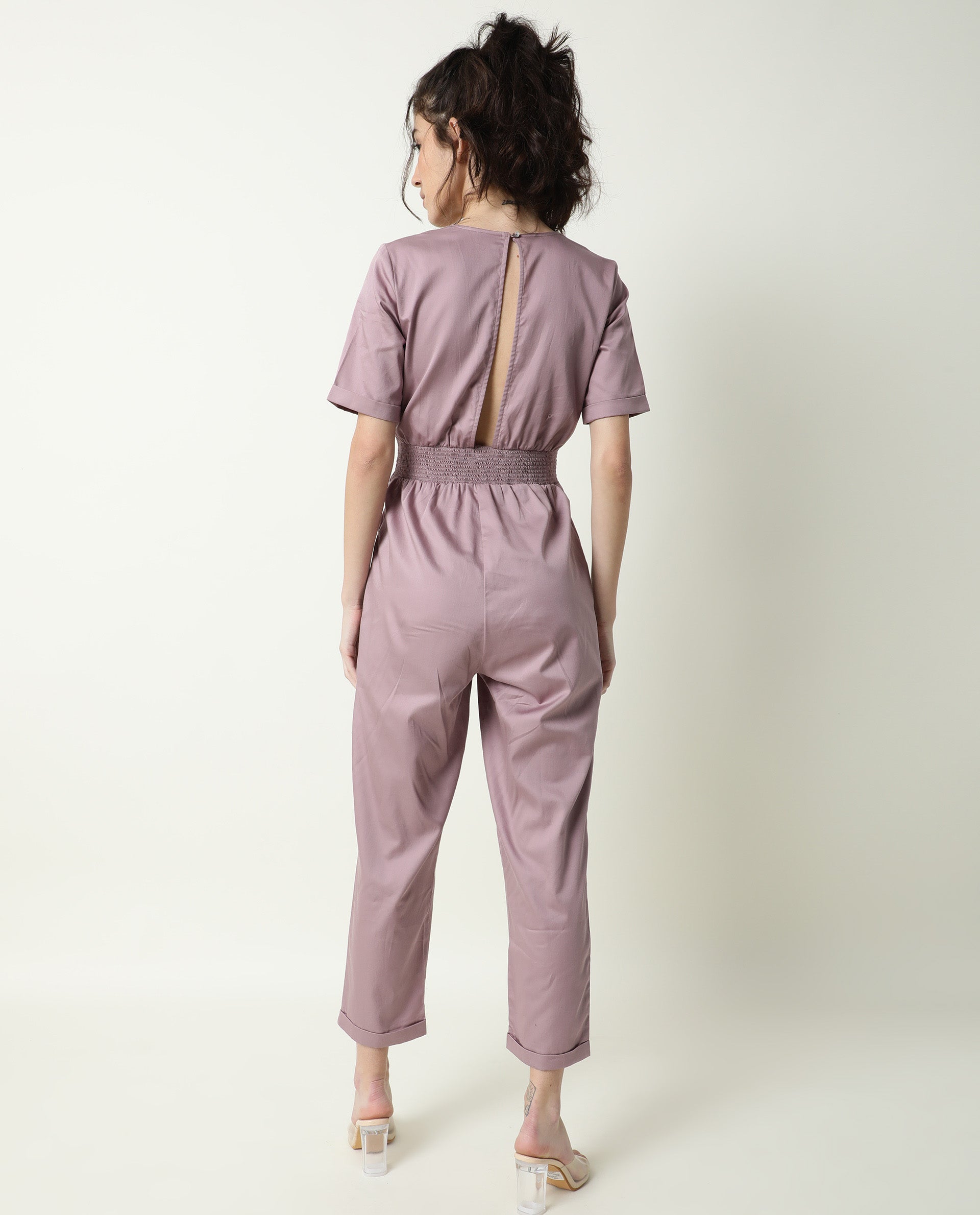 Rareism Women Husky Dusky Pink Cotton Satin Fabric Regular Fit Ankle Length Solid Jumpsuit