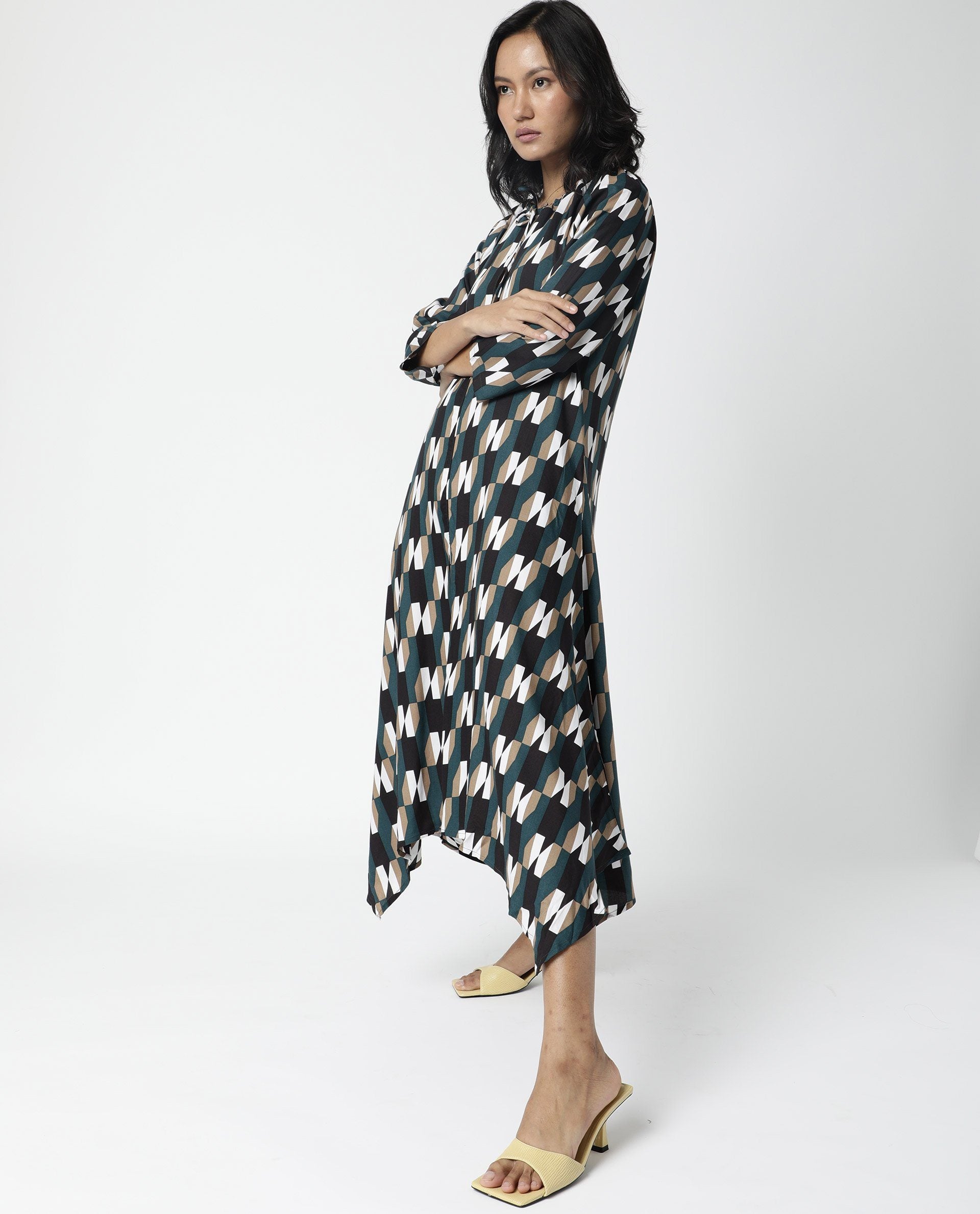 Rareism Womens Matan Green Dress Knee Length Boxy Fit Collar Neck Cotton Silk Fabric