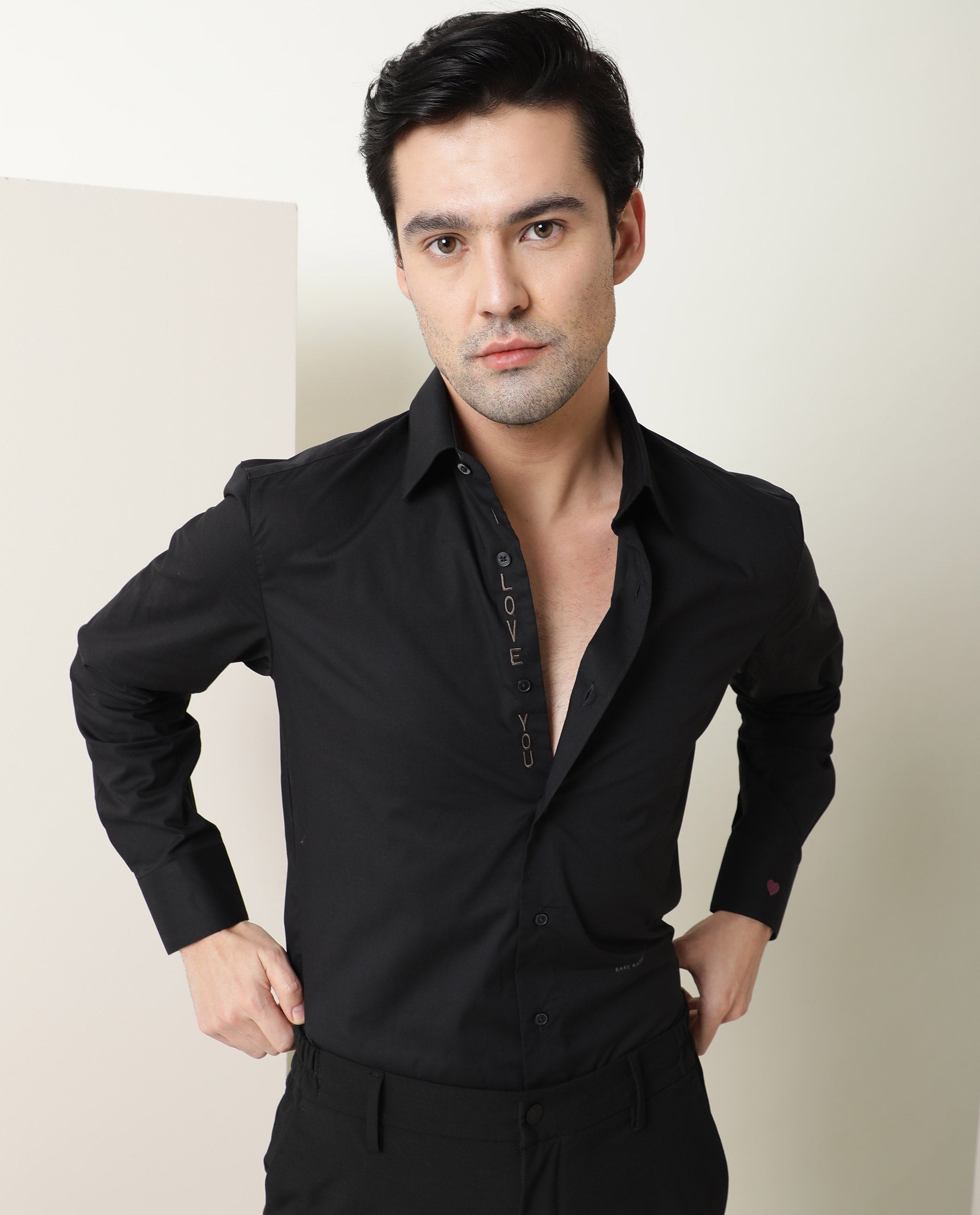 Rare Rabbit Men's I Love You Black Cotton Embroidered Regular Fit Full Sleeve Collared Shirt