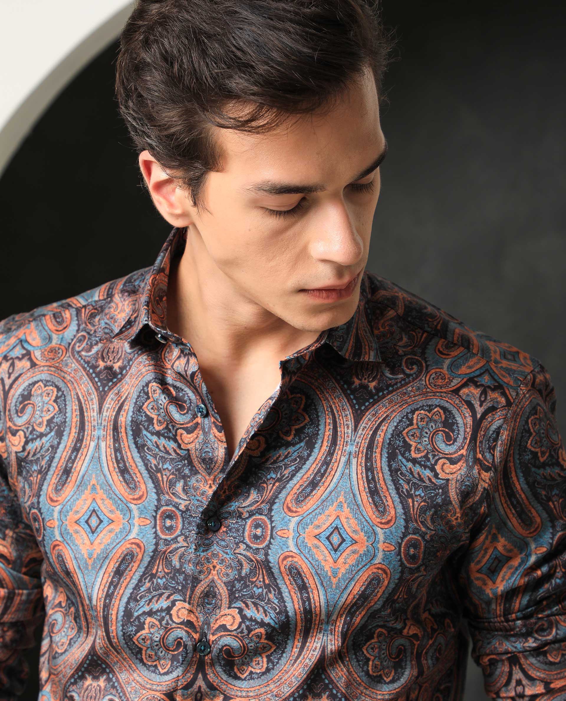 Rare Rabbit Men's Mergers Navy Cotton Fabric Full Sleeves Paisley Print Shirt