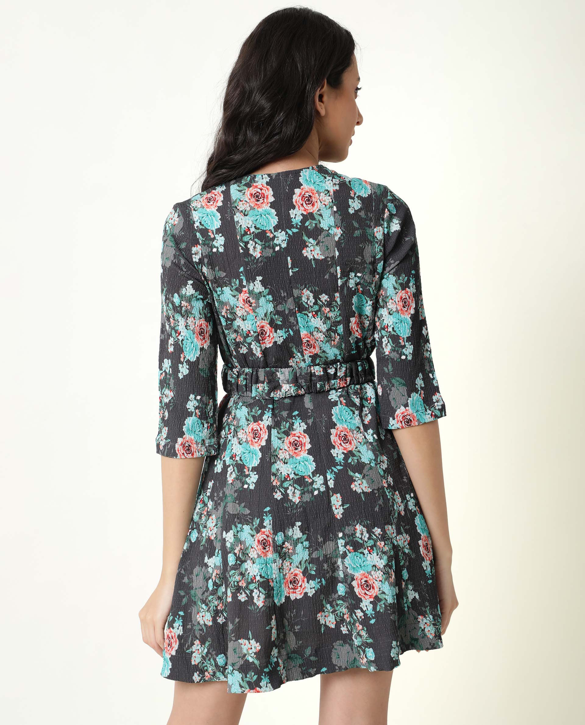 Rareism Women Vasec Grey Printed Boat Neck With Key Hole Button Closure Puff 3/4 Sleeves Elastic Waist Belt Mini Dress