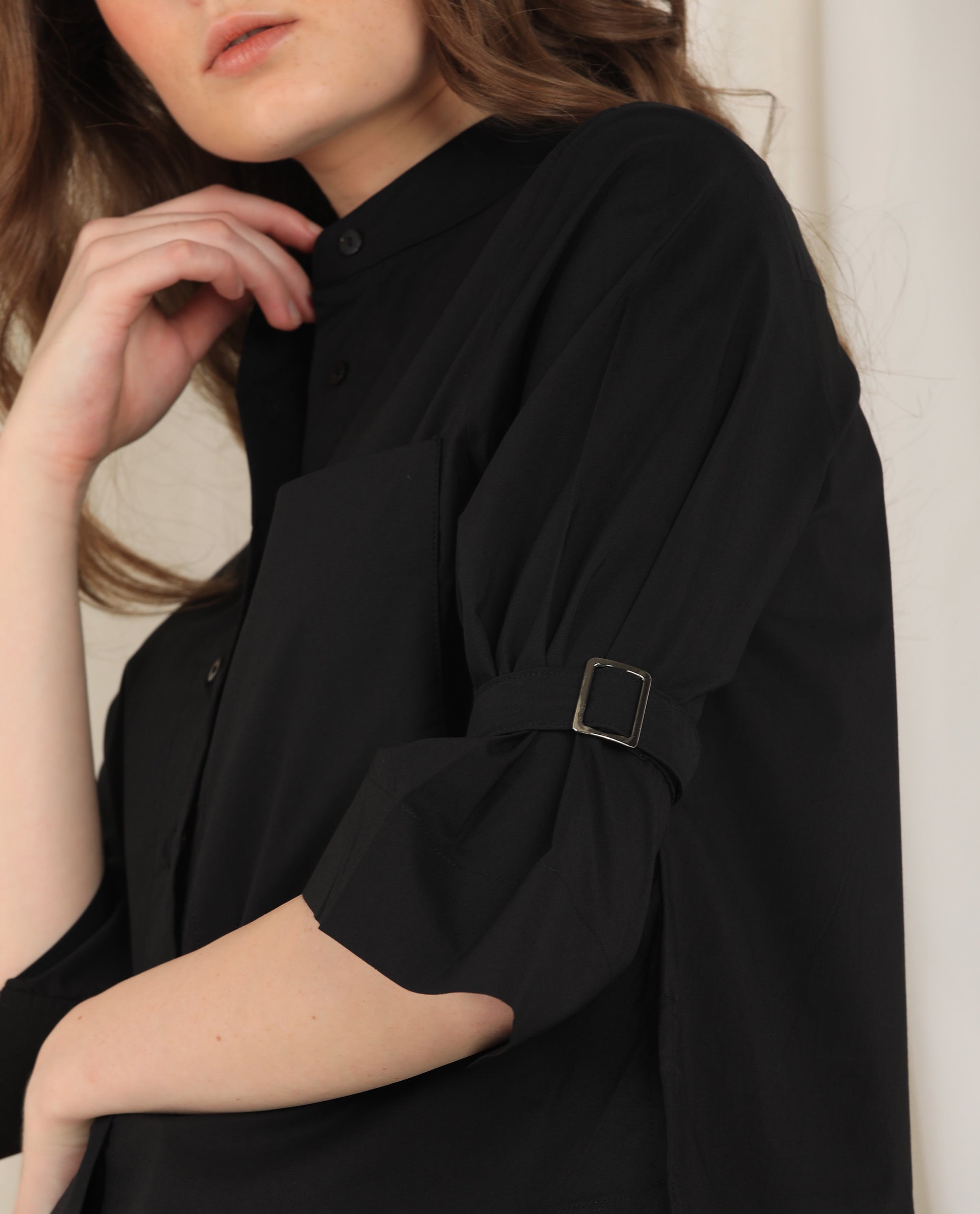 Rareism Womens Sendai Black Top Poly Lycra Fabric Regular Fit Half Sleeve Collared Neck