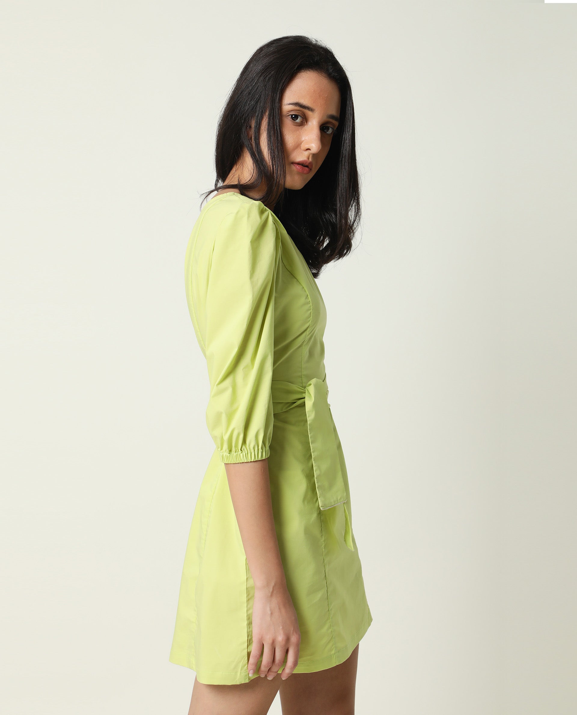 Rareism Women Floris Green Off Shoulder Puff Sleeve With Fabric Waist Tie Up Mini Dress