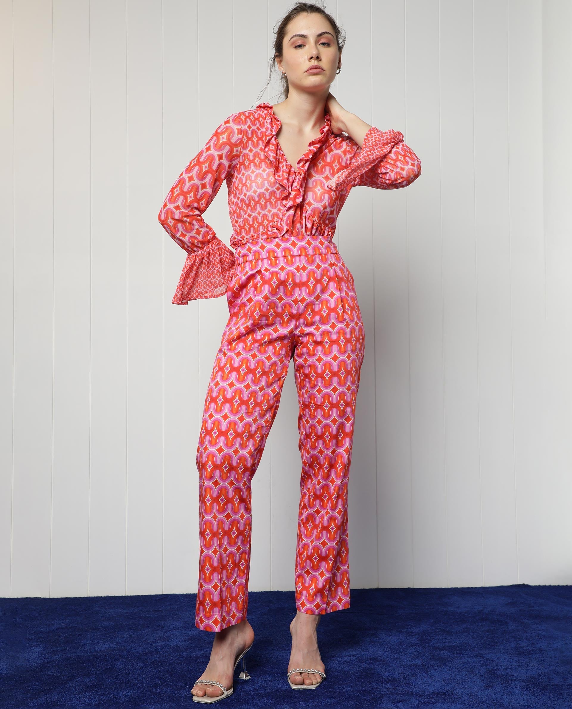 Rareism Women Cremon Orange Cotton Blend Fabric Regular Fit Geometric Print Ankle Length Trousers