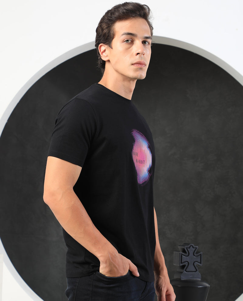 Rare Rabbit Men's Knobel Black Crew Neck Graphic Printed Half Sleeves Slim Fit T-Shirt