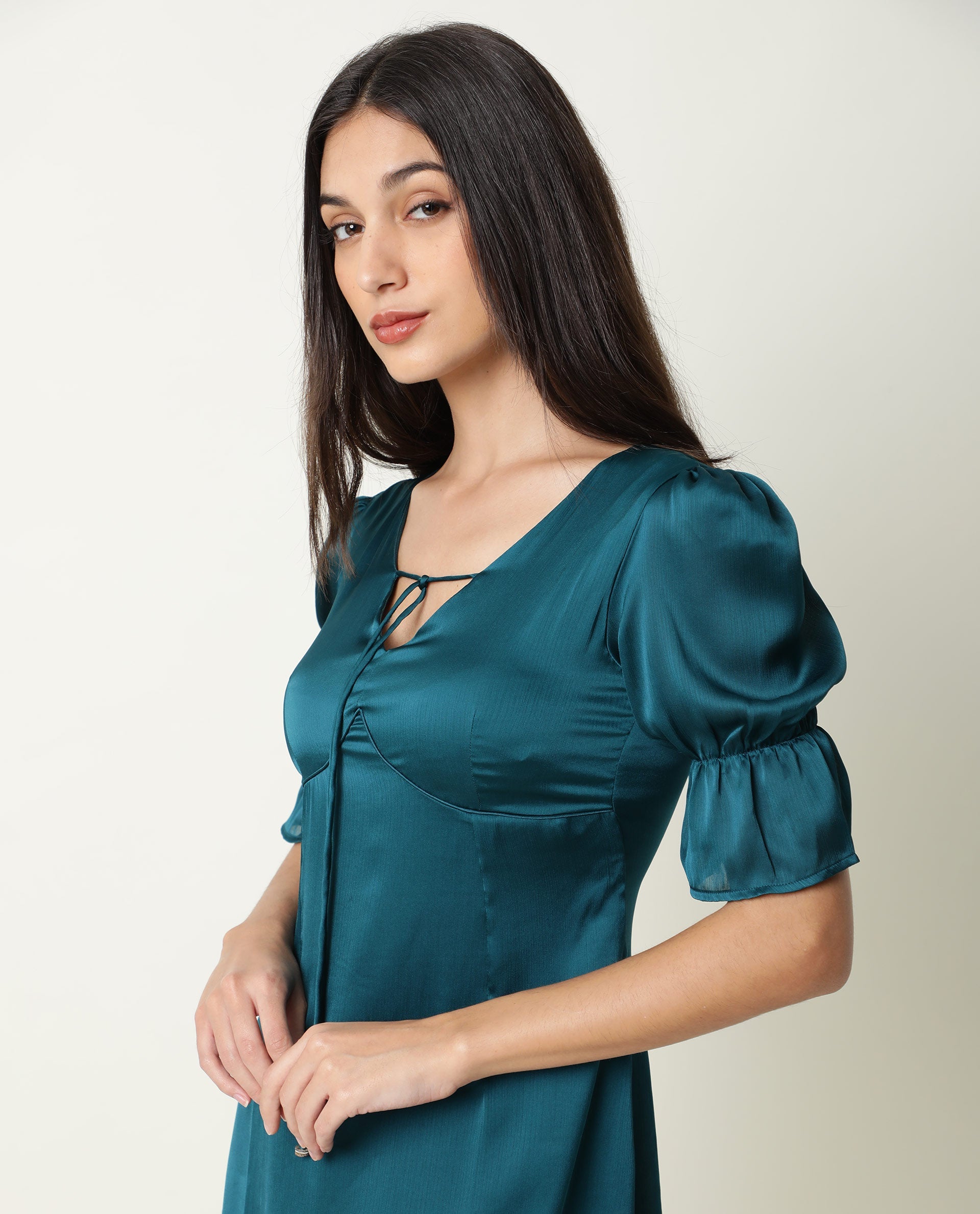 Rareism Women Betty Green V Neck Front Tie Up Short Puff Sleeves With Ruffled Hem Mini Dress