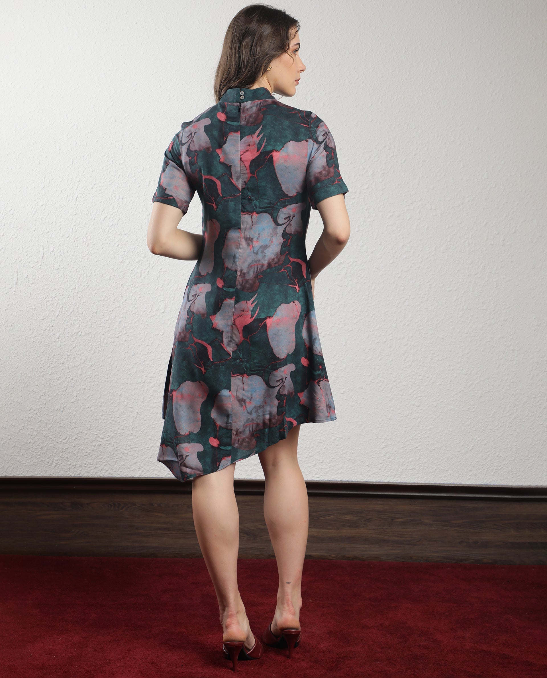 Rareism Women Calantha Multi Viscose Fabric Short Sleeves Zip Closure High Neck Regular Fit Floral Print Knee Length Asymmetric Dress