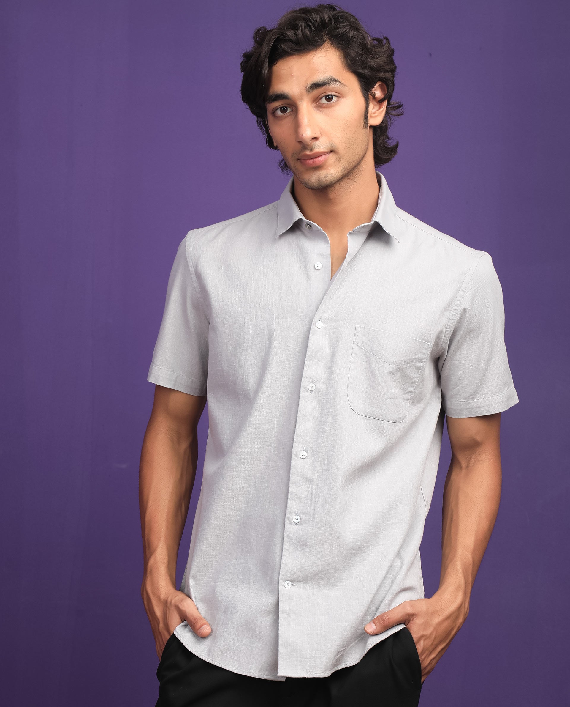 Rare Rabbit Men's Darwin Grey Cotton Fabric Half Sleeves Solid Shirt