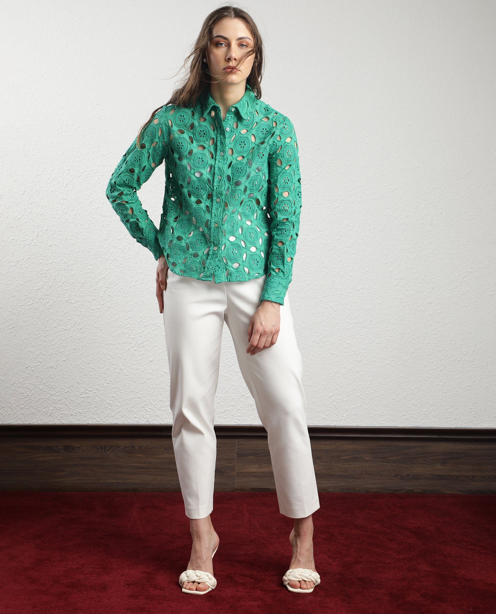 Rareism Women Olivia Green Top Cotton Fabric Full Sleeves Solid