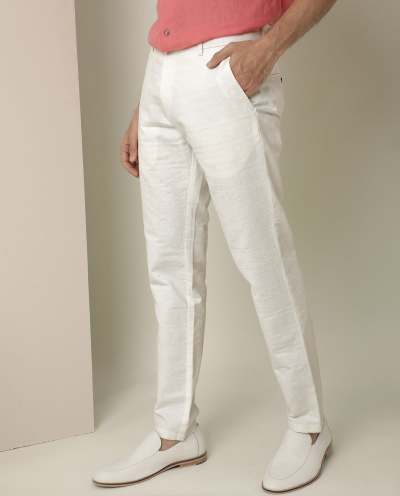 Rare Rabbit Men's Jeck White Mid-Rise Regular Fit Premium Jacquard Trouser